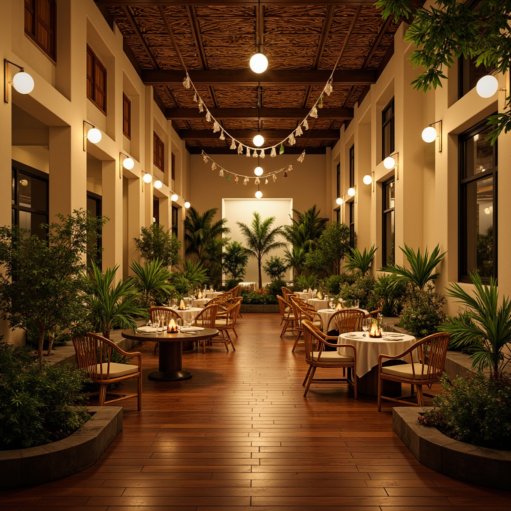 Prompt: Vibrant tropical dining hall, warm beige walls, polished wooden floors, lush greenery, exotic flowers, rattan furniture, woven textiles, natural materials, earthy color palette, soft ambient lighting, pendant lamps, candlelight, string lights, fairy lights, warm white light, cozy atmosphere, 1/1 composition, shallow depth of field, realistic textures, ambient occlusion.