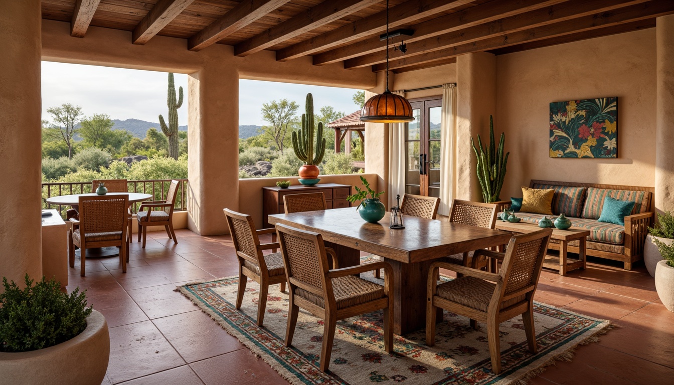 Prompt: Southwestern dining room, rustic wooden furniture, woven rattan chairs, distressed leather upholstery, turquoise accents, vibrant Native American patterns, earthy tone ceramics, natural fiber rugs, warm pendant lighting, exposed wooden beams, adobe-style architecture, desert landscape views, cacti and succulent decorations, warm terracotta flooring, soft warm color palette, 3/4 composition, realistic textures, ambient occlusion.