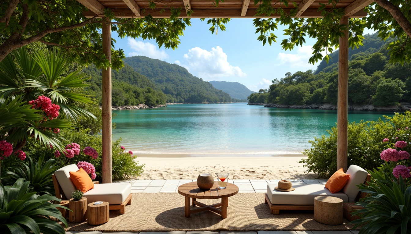 Prompt: Vibrant tropical island, lush green foliage, exotic flowers, warm sandy beaches, crystal-clear turquoise waters, rustic wooden accents, natural textiles, woven rattan furniture, colorful tiki torches, refreshing coconut drinks, sunny bright lighting, soft warm ambiance, 3/4 composition, panoramic view, realistic textures, ambient occlusion.