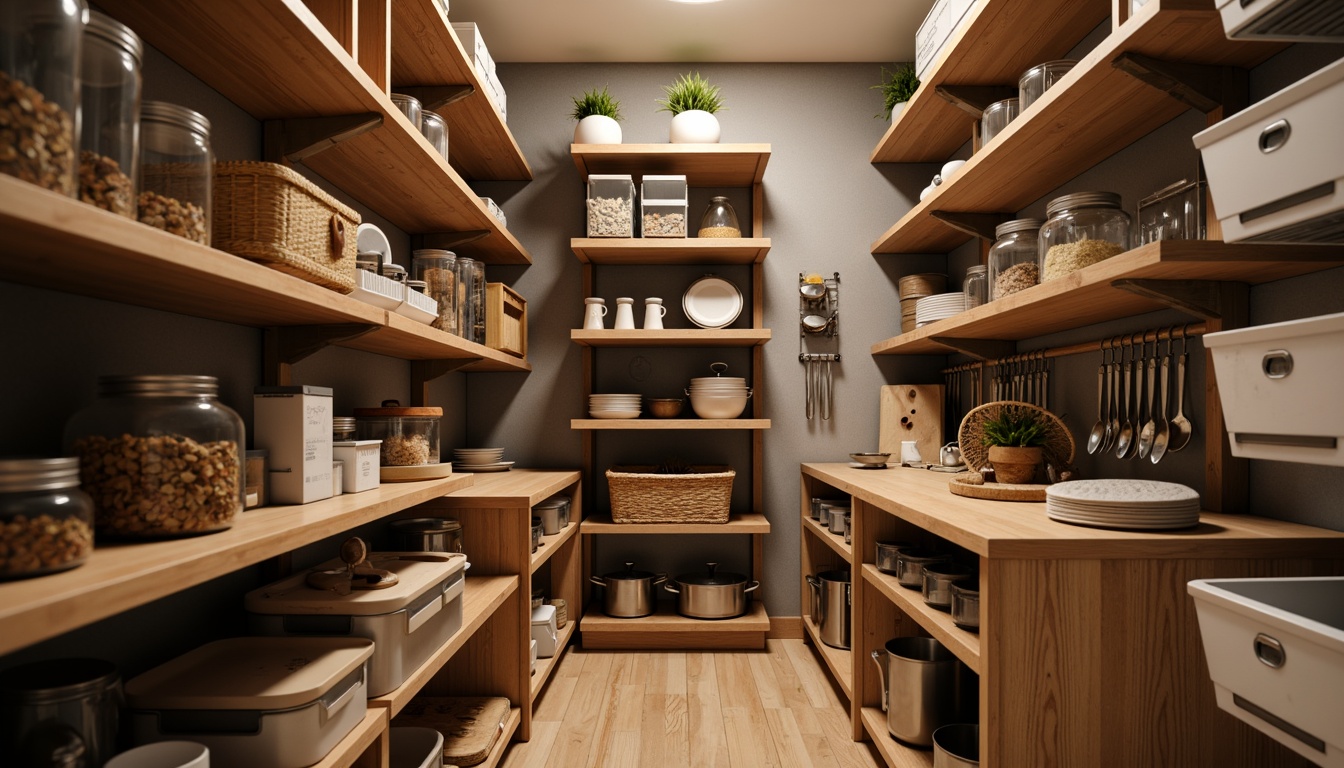 Prompt: Organized pantry, wooden shelves, stackable containers, labeled bins, adjustable storage units, retractable spice racks, hanging pot lids, wall-mounted utensil holders, metallic drawer organizers, soft-close cabinet doors, ambient warm lighting, shallow depth of field, 1/1 composition, realistic textures, subtle shadows.