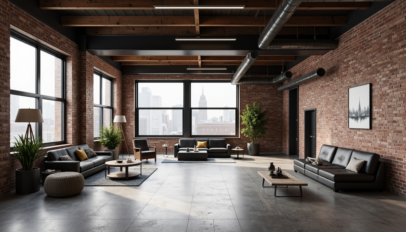 Prompt: Exposed brick walls, metal beams, industrial lighting fixtures, reclaimed wood accents, urban loft atmosphere, open-concept floor plan, polished concrete floors, distressed finishes, functional pipes, modern minimalist decor, neutral color palette, abstract art pieces, sleek metal furnishings, low-hanging lamps, industrial-chic accessories, converted warehouse setting, cityscape views, gritty urban feel, high ceilings, functional machinery, brutalist architecture, raw textures, dramatic shadows, cinematic lighting.