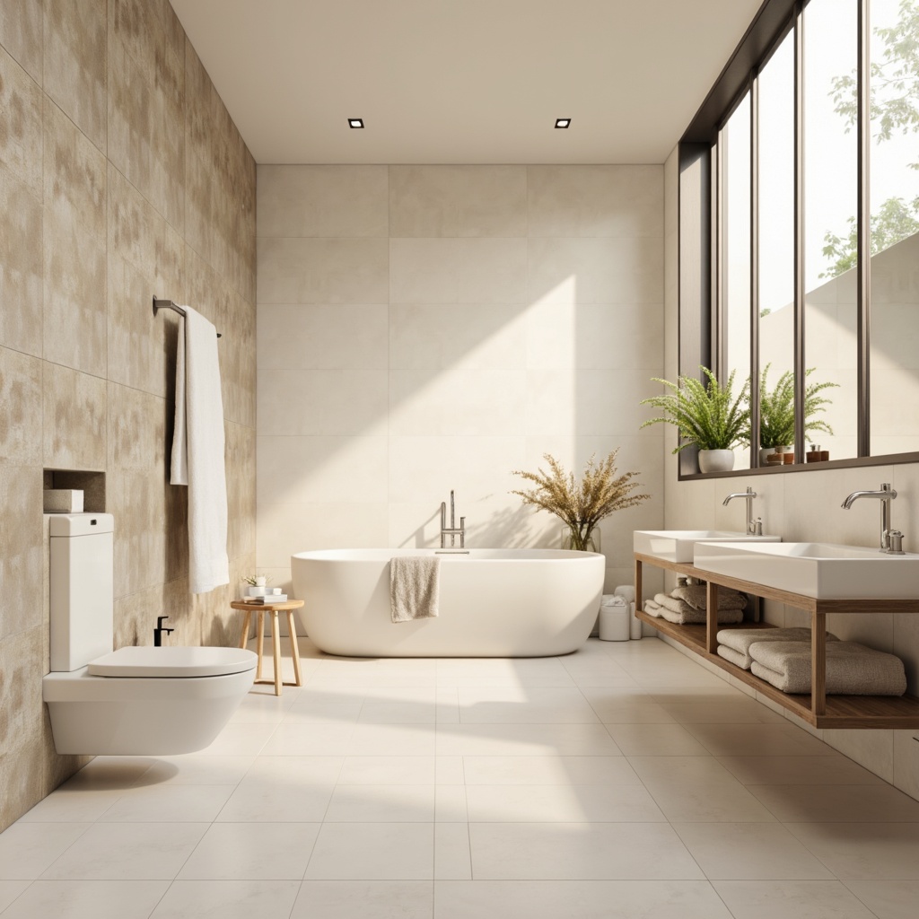 Prompt: \Calming bathroom ambiance, soft pastel hues, creamy whites, warm beige tones, natural stone textures, sleek modern fixtures, polished chrome accents, minimalist decor, spa-inspired atmosphere, gentle LED lighting, subtle gradient effects, shallow depth of field, 1/2 composition, realistic reflections, ambient occlusion.\