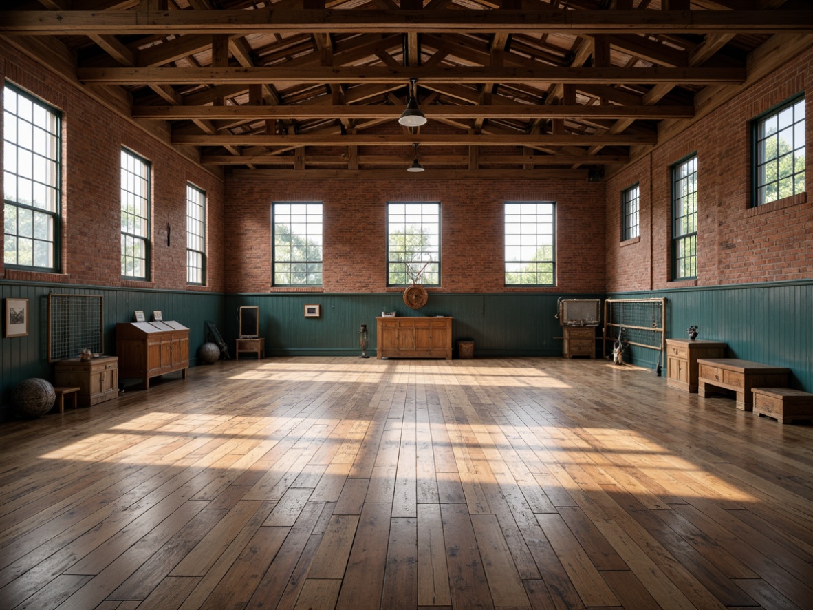 Prompt: Rustic gymnasium, reclaimed wood flooring, distressed wooden planks, earthy tones, natural textures, rough-hewn beams, industrial metal accents, exposed brick walls, vintage sports equipment, nostalgic atmosphere, warm soft lighting, shallow depth of field, 3/4 composition, realistic textures, ambient occlusion.