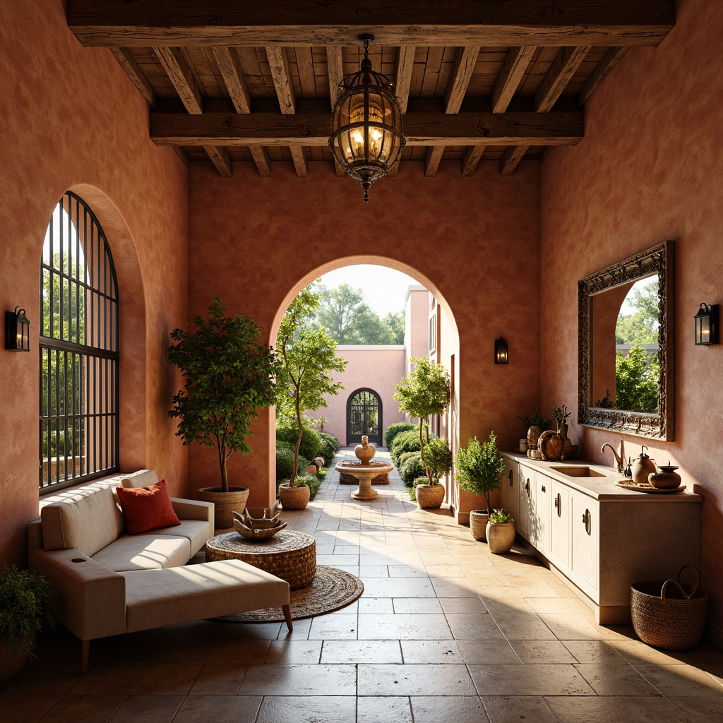 Prompt: Warm Mediterranean ambiance, textured walls, earthy terracotta colors, rustic stone flooring, distressed wood beams, ornate metalwork, arched windows, soft warm lighting, cozy nooks, plush furnishings, natural fiber textiles, woven baskets, potted plants, sunny courtyard views, warm beige tones, classic architectural details, richly veined marble countertops, elegant ceramic tiles, atmospheric shadows, 1/1 composition, intimate scale, realistic textures.