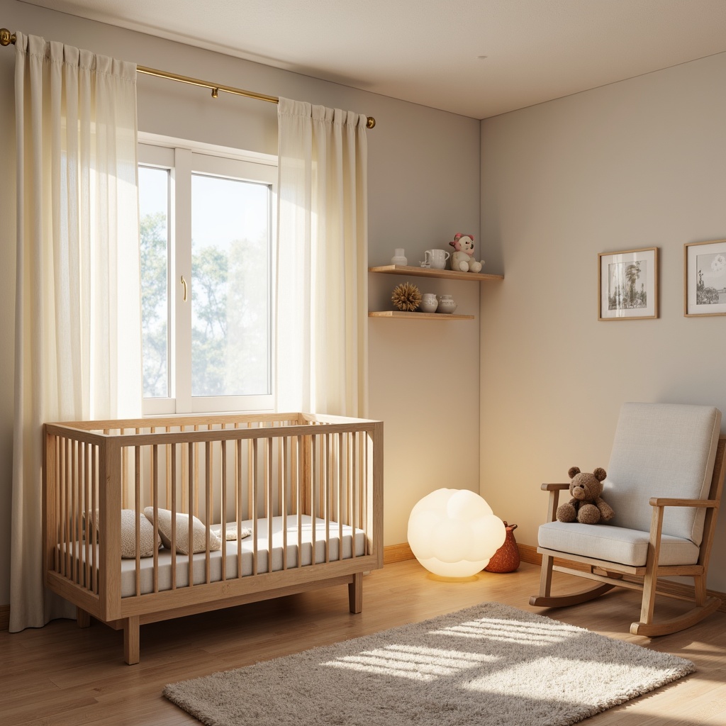 Prompt: Cozy nursery, soft pastel colors, gentle ambient lighting, warm white LEDs, cloud-shaped lamps, minimalist decor, modern crib, plush toys, comfortable glider, natural wood accents, cream-colored curtains, sheer fabric drapes, subtle texture variations, calming atmosphere, soothing color palette, 1/1 composition, shallow depth of field, soft focus, gentle shadows.