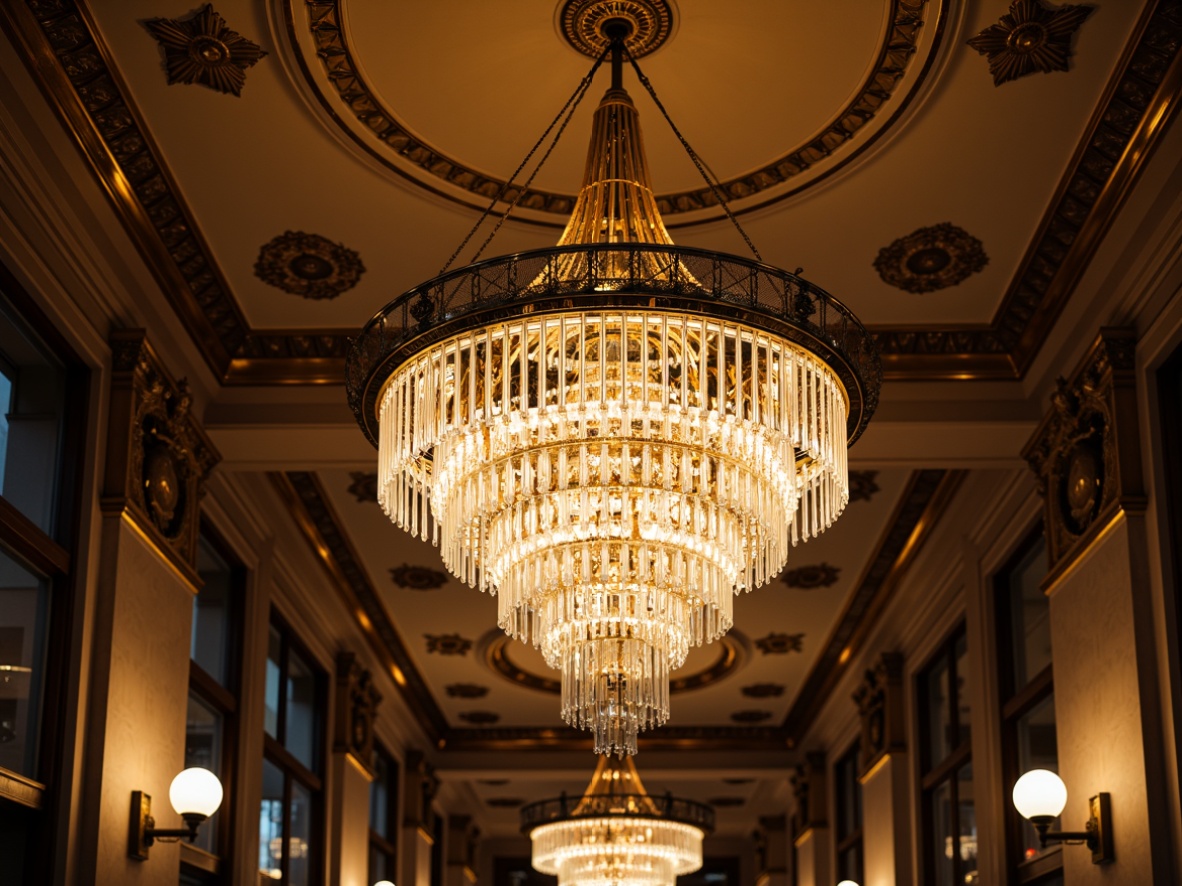 Prompt: Opulent chandelier, crystal droplets, metallic accents, ornate fixtures, geometric patterns, luxurious materials, bronze finishes, sleek lines, glamorous ambiance, high-ceilinged spaces, lavish decorations, vintage inspiration, dramatic lighting effects, warm golden tones, soft diffused light, 1/1 composition, shallow depth of field, realistic reflections.