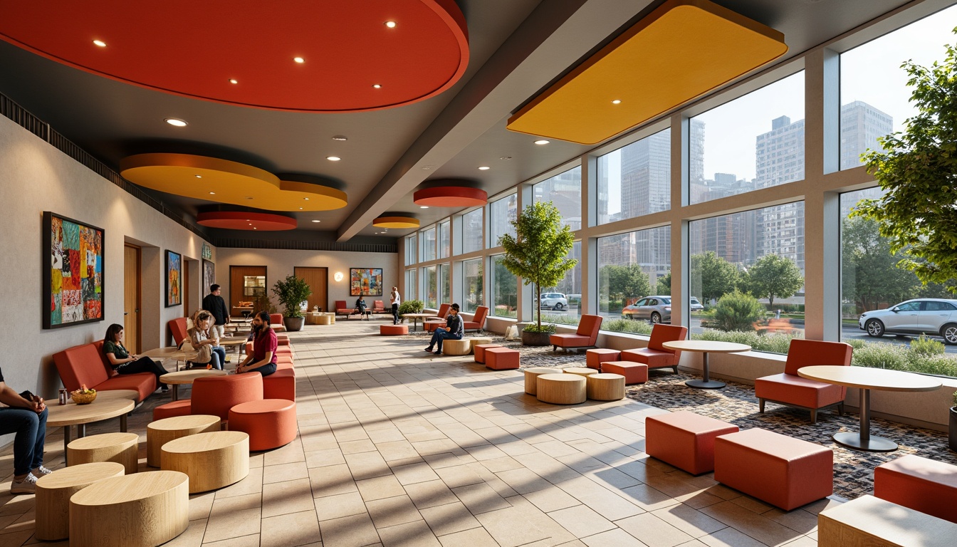 Prompt: Vibrant community center, modern interior design, hexagonal tile patterns, bold color schemes, geometric shapes, natural stone accents, wooden furniture, cozy seating areas, dynamic lighting fixtures, urban cityscape views, floor-to-ceiling windows, minimalist decor, cultural artwork displays, warm beige tones, earthy textures, organic forms, eclectic mix of patterns, 1/2 composition, softbox lighting, realistic reflections.