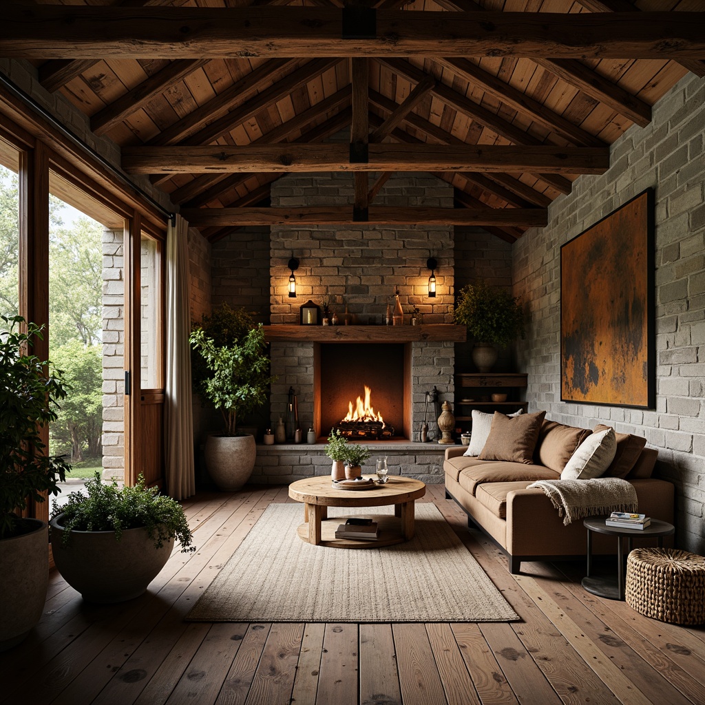 Prompt: Rustic cabin, weathered wood planks, distressed stone walls, earthy color palette, natural textures, reclaimed wooden beams, vintage metal accents, cozy fireplace, warm ambient lighting, shallow depth of field, 1/2 composition, intimate atmosphere, soft focus, film grain texture.