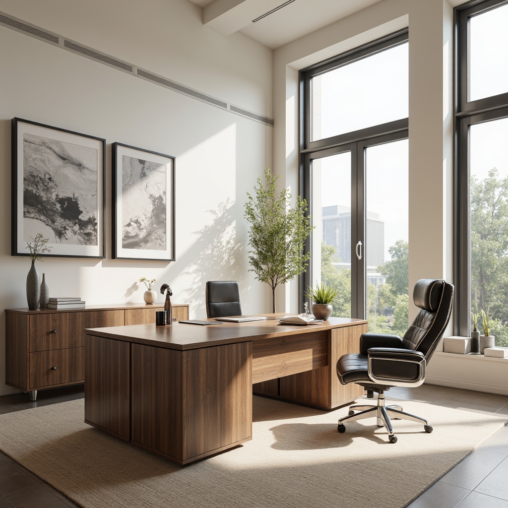 Prompt: Monochromatic home office, sleek modern furniture, polished chrome accents, creamy white walls, rich walnut wood desk, ergonomic leather chair, minimalist decor, floor-to-ceiling windows, abundant natural light, subtle shadows, warm beige carpet, geometric patterns, 1/1 composition, softbox lighting, shallow depth of field, realistic textures.