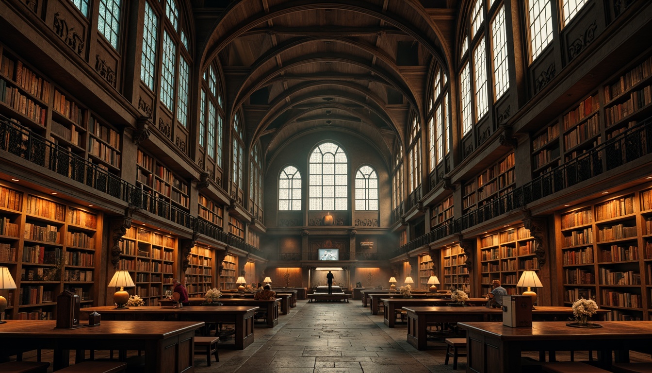 Prompt: Grandiose Gothic library, vaulted ceilings, stained glass windows, ornate wooden shelves, ancient tomes, warm candlelight, soft golden glow, dramatic shadows, rich wood paneling, intricate stone carvings, mystical ambiance, eerie silence, high contrast lighting, subtle misty atmosphere, cinematic composition, symmetrical framing, mysterious depth of field.