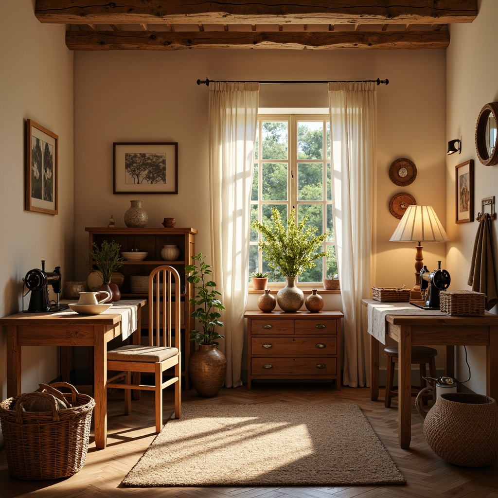 Prompt: Cozy craft room, classic wooden furniture, warm beige tones, soft cream-colored walls, rustic wooden tables, vintage sewing machines, wicker baskets, natural fiber textiles, earthy terracotta vases, warm golden lighting, table lamps, floor lamps, softbox lights, warm white LED strips, 1/2 composition, intimate atmosphere, subtle shadows, realistic wood textures, ambient occlusion.