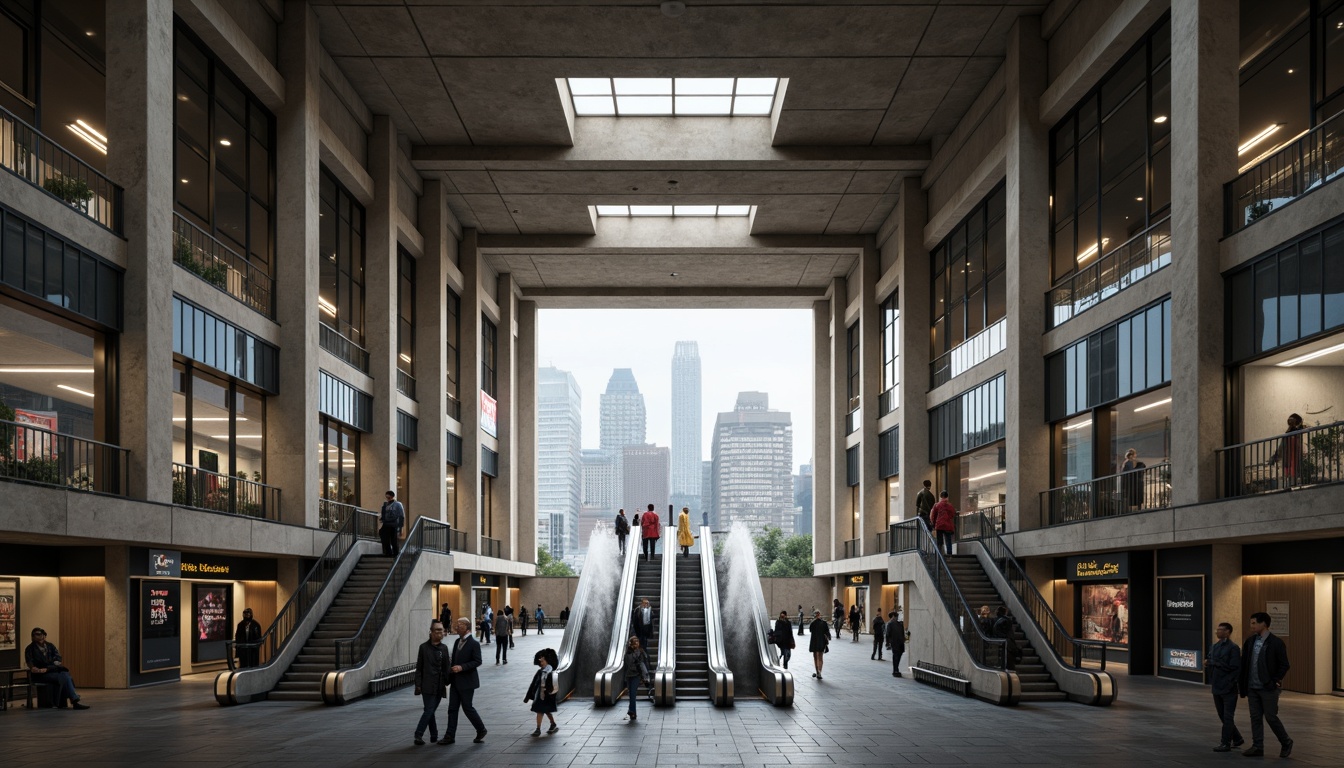 Prompt: Vast underground metro station, brutalist architecture style, exposed concrete columns, raw industrial materials, high ceilings, open spaces, natural light pouring in, urban cityscape views, busy pedestrian traffic, modern signage systems, sleek metallic escalators, stone flooring, atmospheric misting systems, dramatic spotlights, 1/1 composition, symmetrical framing, cinematic camera angles, realistic textures, ambient occlusion.