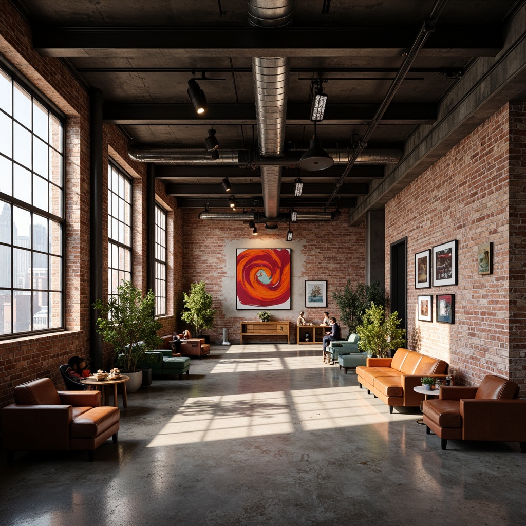 Prompt: Exposed brick walls, industrial steel beams, polished concrete floors, reclaimed wood accents, eclectic art installations, neon signage, distressed leather furniture, vintage factory equipment, modern minimalist lighting, airy open space, abundant natural light, urban cityscape views, gritty textured surfaces, bold color blocking, abstract geometric patterns, dynamic shadows, high contrast ratio, dramatic spotlights, 1/2 composition, cinematic atmosphere.