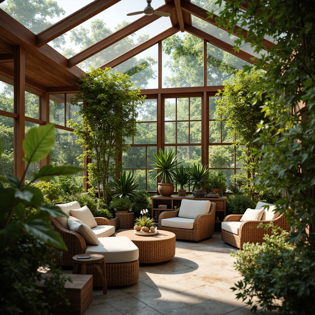 Prompt: Vibrant sunroom, lush greenery, tropical plants, natural stone flooring, wooden accents, large skylights, sliding glass doors, cozy reading nooks, comfortable wicker furniture, earthy color palette, warm ambient lighting, shallow depth of field, 1/1 composition, realistic plant textures, soft focus, serene atmosphere.