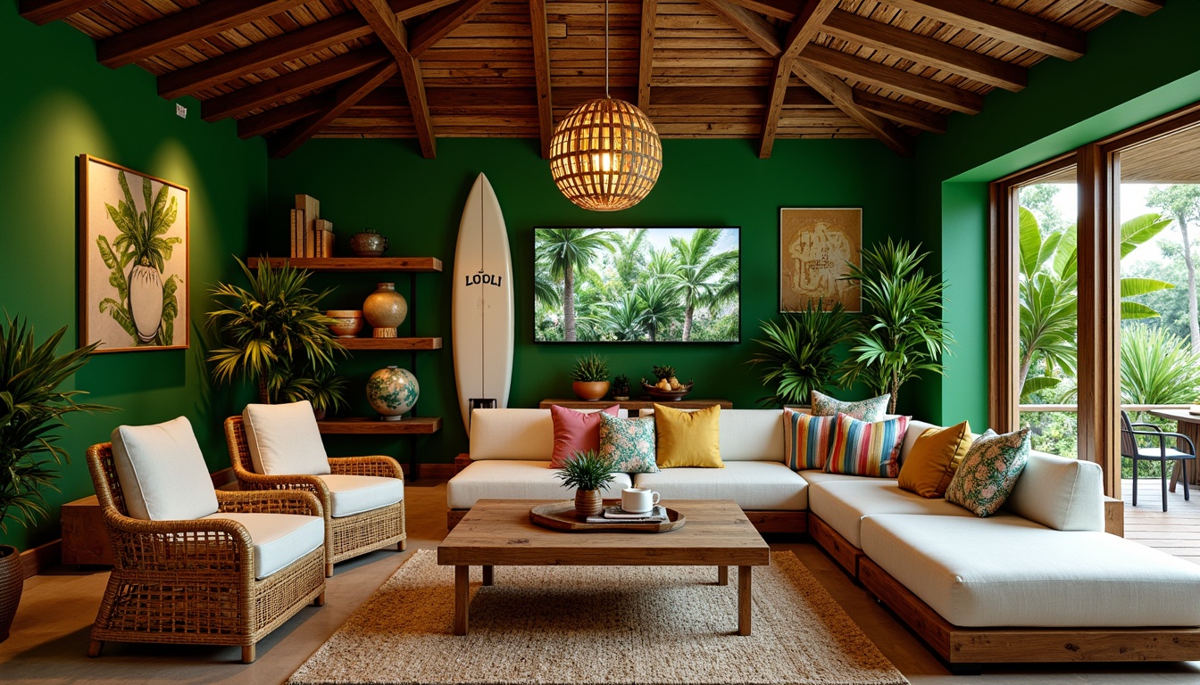 Prompt: Vibrant tropical game room, lush green walls, exotic wood furniture, woven rattan chairs, plush sectional sofas, colorful striped pillows, natural fiber rugs, woven bamboo coffee tables, rustic wooden shelves, vintage surfboards, tropical plant decorations, warm ambient lighting, softbox illumination, shallow depth of field, 2/3 composition, panoramic view, realistic textures, ambient occlusion.