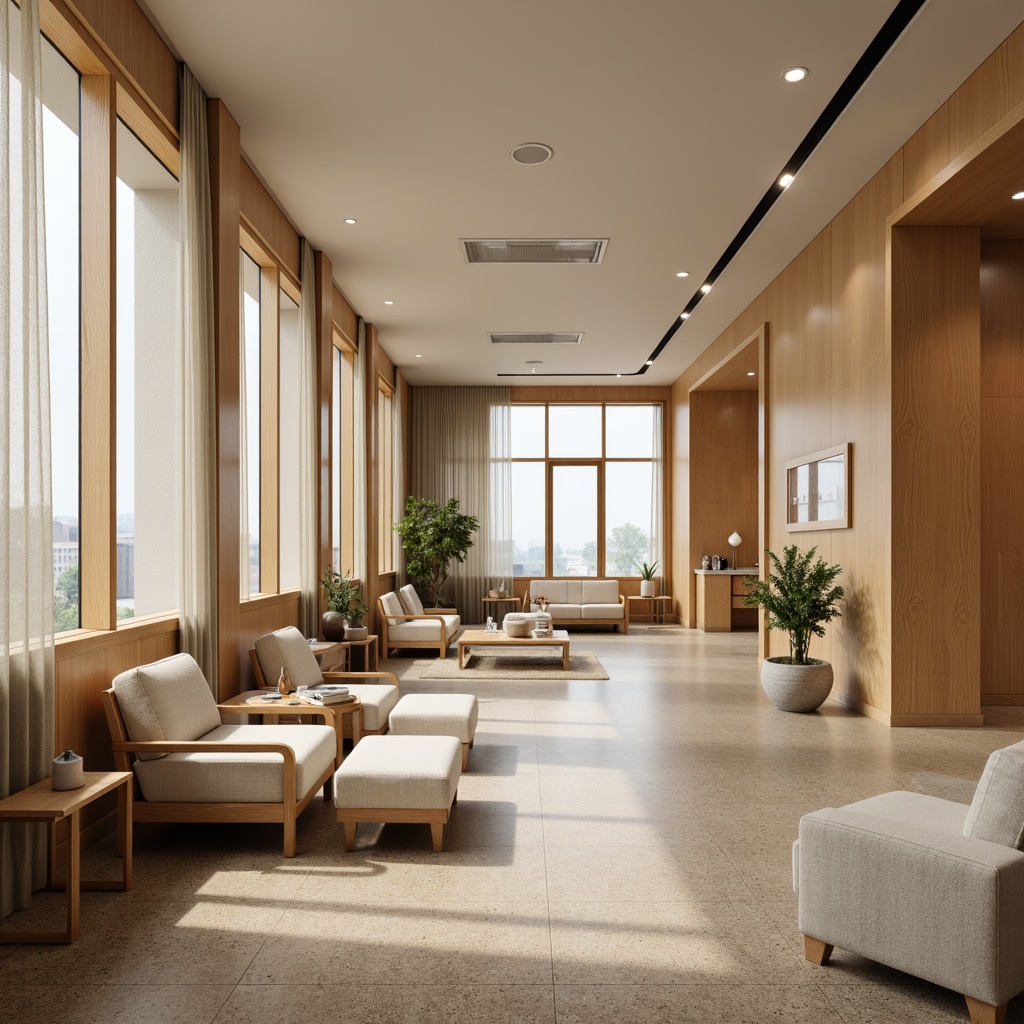 Prompt: Calming healthcare facility, sound-absorbing panels, soft fabric upholstery, warm beige colors, wooden accents, comfortable seating areas, private patient rooms, acoustic glass partitions, noise-reducing curtains, peaceful ambiance, natural light filtering, indirect lighting, 1/1 composition, shallow depth of field, realistic textures, ambient occlusion.