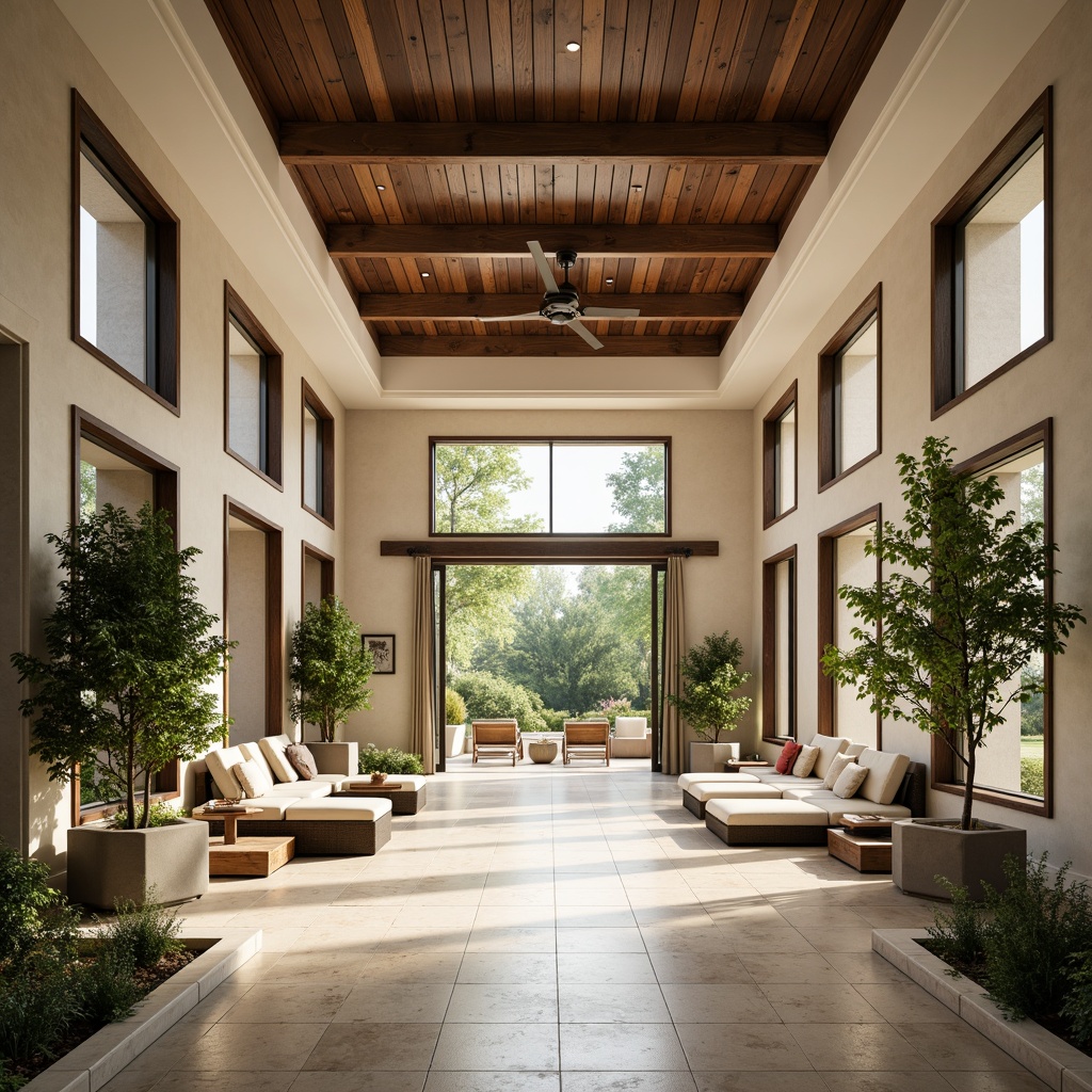 Prompt: Spacious pavilion, open layout, high ceilings, large windows, natural light, airy atmosphere, transitional style, blend of modern and traditional elements, sleek lines, minimal ornamentation, neutral color palette, beige stone flooring, cream-colored walls, dark wood accents, comfortable seating areas, lush greenery, potted plants, soft warm lighting, shallow depth of field, 3/4 composition, panoramic view, realistic textures, ambient occlusion.