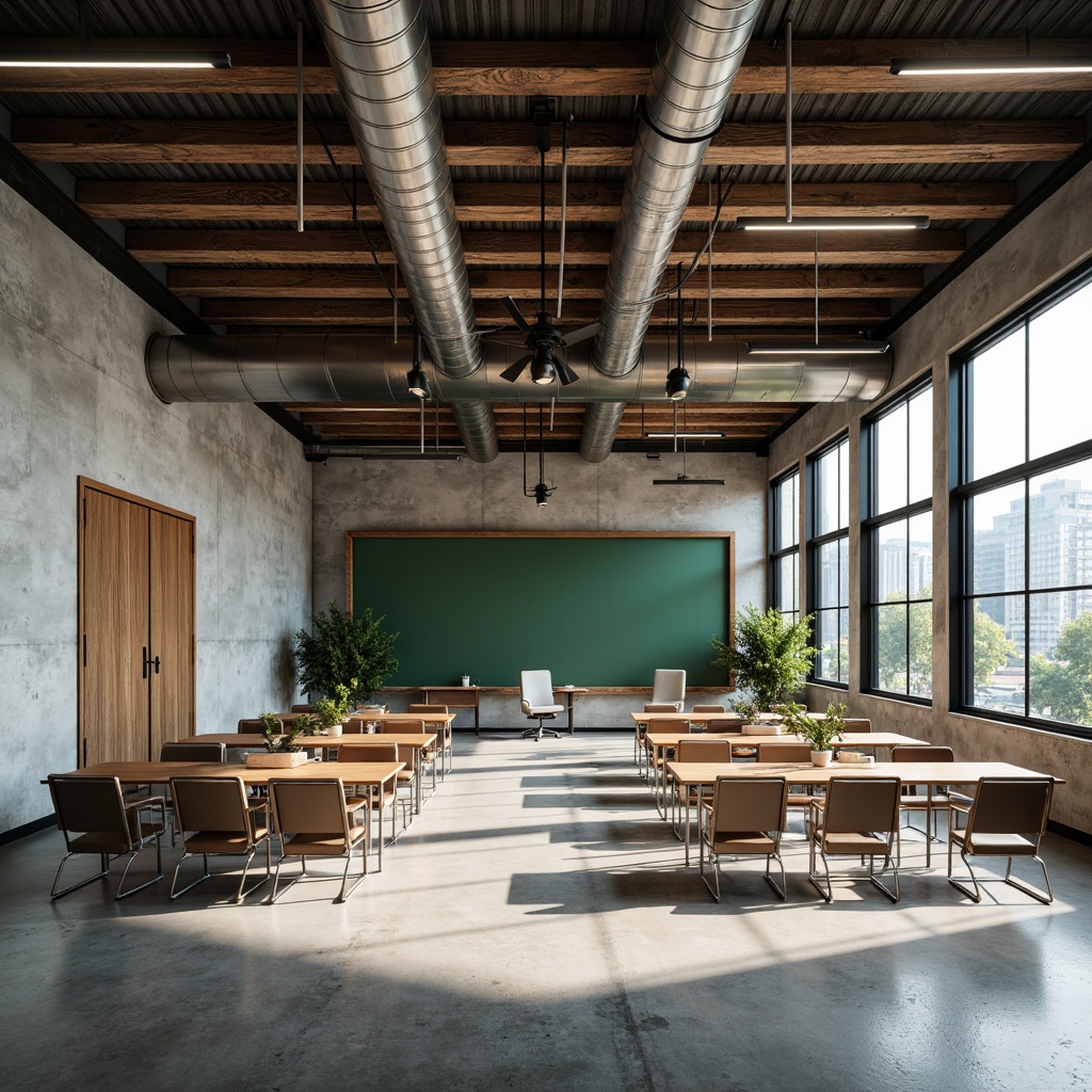 Prompt: Exposed ductwork, polished concrete floors, reclaimed wood accents, metal beams, industrial pendant lights, minimalist classrooms, modern blackboards, ergonomic chairs, collaborative workstations, green walls, natural light pouring in, urban cityscape views, converted warehouse architecture, neutral color palette, functional decor, distressed textures, angular lines, 3/4 composition, softbox lighting, realistic shadows, ambient occlusion.