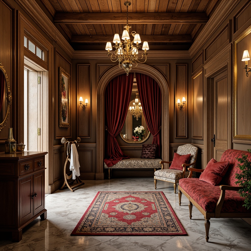 Prompt: Luxurious mudroom, ornate wooden paneling, gilded mirrors, rich velvet fabrics, intricately carved furniture, golden hardware, marble flooring, lavish chandeliers, grandiose archways, opulent drapery, extravagant patterned rugs, lavish accessories, antique bronze fixtures, rustic stone walls, dramatic ceiling heights, warm candlelight, 1/1 composition, soft focus effect, realistic textures, ambient occlusion.