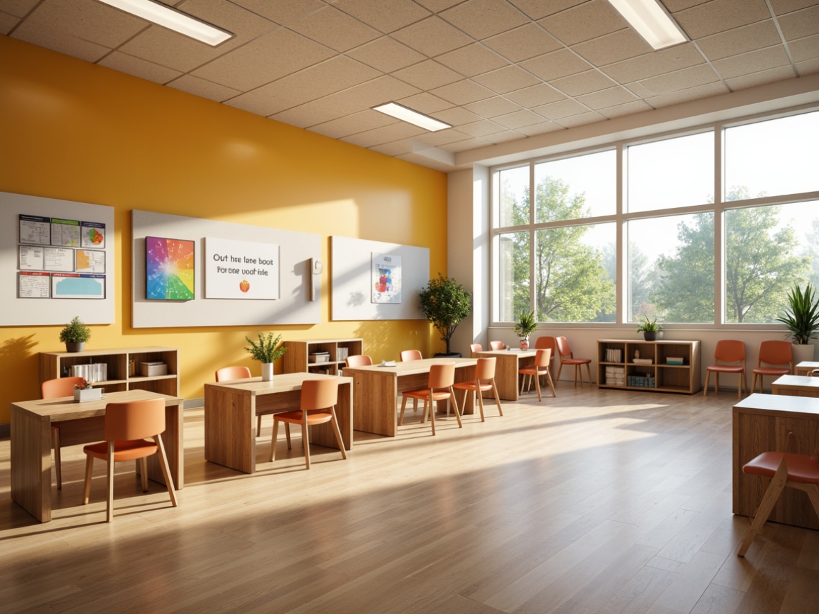 Prompt: Vibrant classroom, warm beige walls, large windows, soft diffused natural light, energy-efficient LED lighting, adjustable task lamps, colorful educational charts, inspirational quotes, ergonomic desks, comfortable seating, collaborative learning spaces, flexible floor plans, interactive whiteboards, high ceilings, minimalist decorations, calming color schemes, subtle texture variations, gentle shadowing, 1/1 composition, realistic renderings, ambient occlusion.