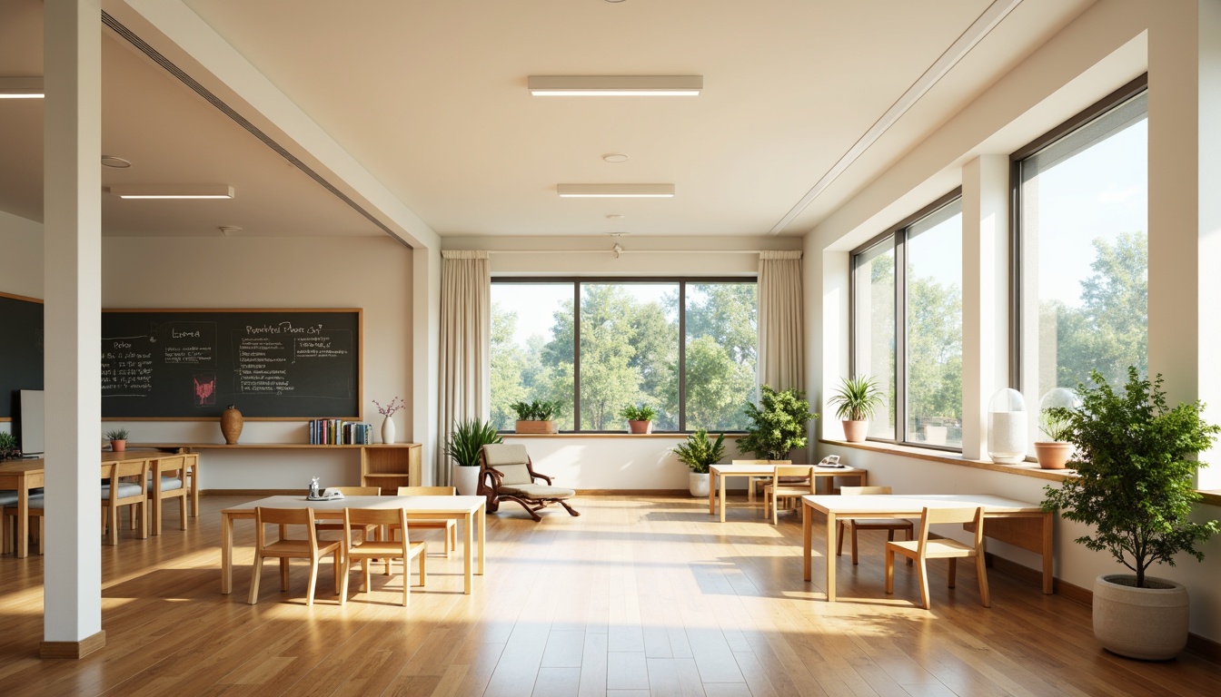 Prompt: Simple school building, minimalist architecture, large windows, natural light pouring in, bright classrooms, polished wooden floors, white walls, modern furniture, green plants, educational decorations, calm atmosphere, soft warm lighting, shallow depth of field, 3/4 composition, panoramic view, realistic textures, ambient occlusion.