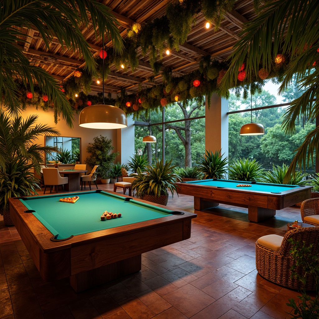 Prompt: Vibrant tropical game room, neon-lit pool tables, warm glow of lanterns, colorful string lights, lush greenery, exotic plants, natural wood accents, woven rattan furniture, vibrant turquoise walls, sunny day, soft warm lighting, shallow depth of field, 3/4 composition, panoramic view, realistic textures, ambient occlusion.