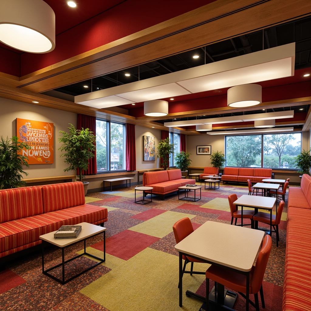 Prompt: Vibrant art deco middle school interior, bold geometric patterns, luxurious velvet fabrics, rich wood tones, ornate metal accents, curved lines, eclectic furniture pieces, statement lighting fixtures, colorful abstract artwork, inspirational quotes, collaborative learning spaces, flexible seating arrangements, adjustable desks, ergonomic chairs, dynamic color schemes, warm inviting atmosphere, softbox lighting, 1/1 composition, shallow depth of field, realistic textures.