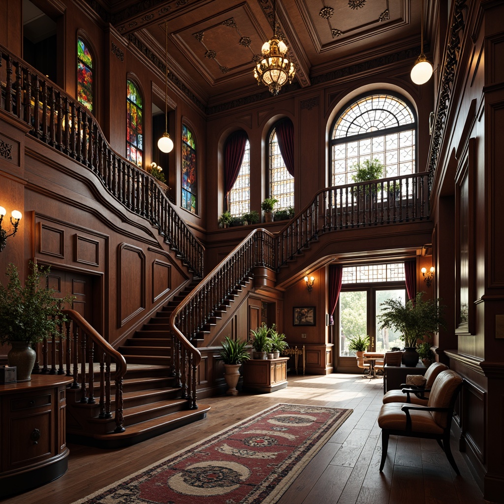 Prompt: Ornate Victorian-style fitness club, grand staircase, rich wood paneling, intricate moldings, ornamental railings, stained glass windows, high ceilings, crystal chandeliers, luxurious velvet drapes, antique furnishings, vintage athletic equipment, distressed leather upholstery, regal color palette, dramatic spot lighting, 3/4 composition, atmospheric depth of field, realistic textures, ambient occlusion.