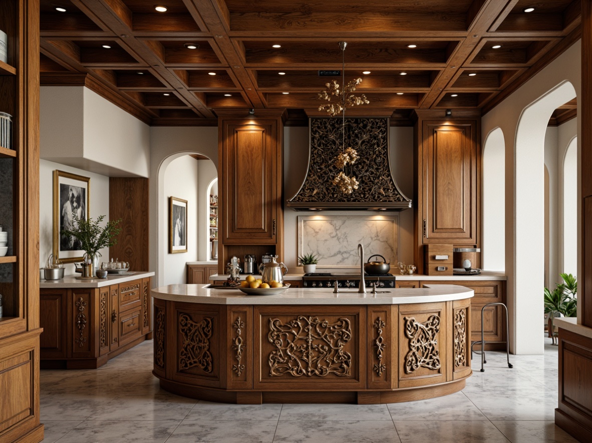 Prompt: Curved kitchen island, ornate metalwork, flowing organic shapes, rich wooden tones, intricate carvings, elegant cabinetry, luxurious marble countertops, ornamental lighting fixtures, sinuous lines, botanical patterns, soft warm glow, morning light, shallow depth of field, 2/3 composition, realistic textures, ambient occlusion.