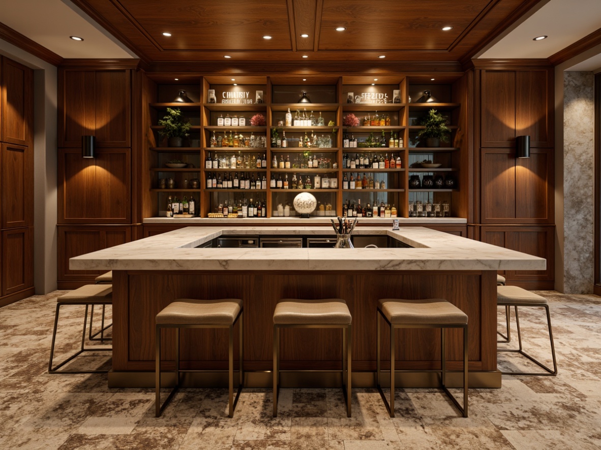 Prompt: Luxurious home bar, rich wood tones, polished metal accents, sleek glass shelves, ambient warm lighting, comfortable velvet stools, sophisticated marble countertops, natural stone walls, earthy color palette, plush area rugs, modern minimalist design, functional storage cabinets, premium leather upholstery, metallic hardware, soft golden lighting, 1/1 composition, realistic textures, subtle shadows.