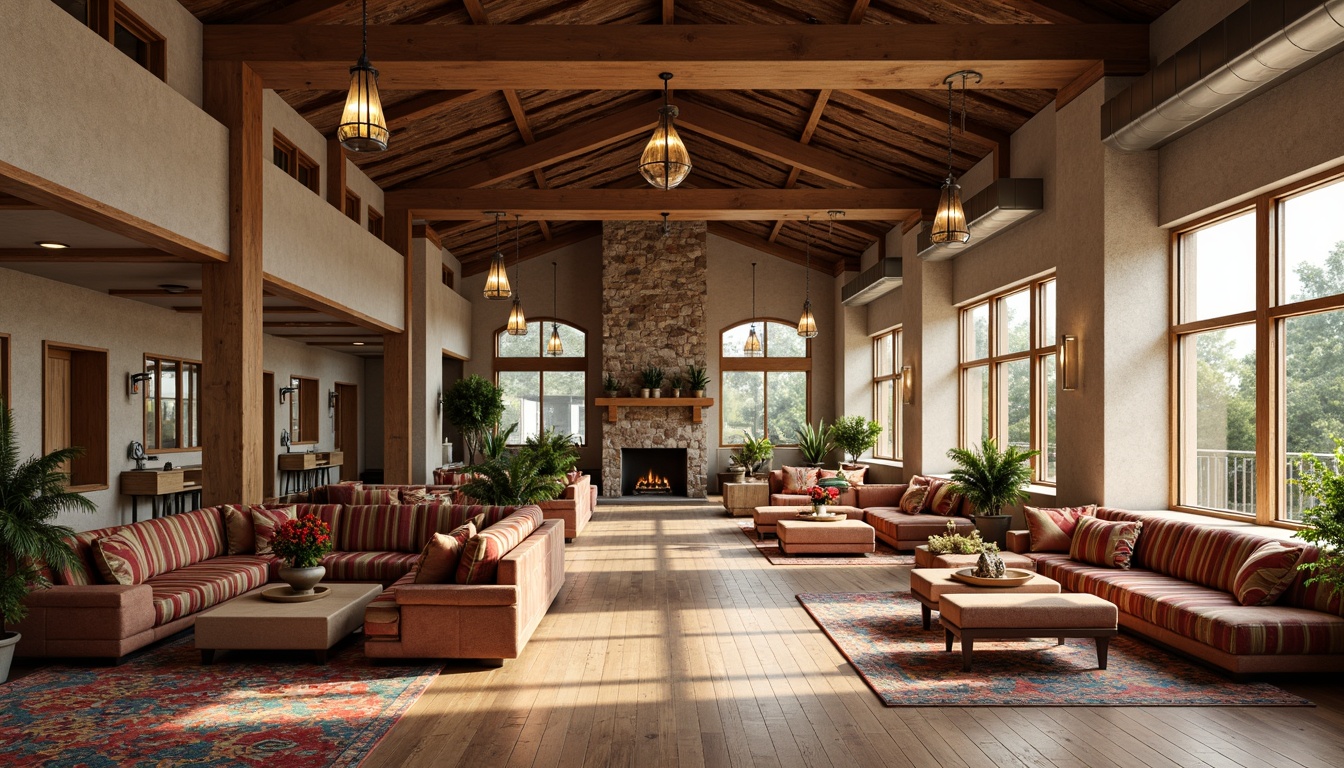 Prompt: Warm community center, rustic wooden accents, earthy color palette, natural stone walls, large windows, soft warm lighting, cozy fireplaces, pendant lanterns, metal chandeliers, wooden ceiling beams, exposed ductwork, industrial-style lighting fixtures, warm-toned wood floors, plush furniture upholstery, vibrant colorful textiles, geometric patterns, nature-inspired motifs, 1/1 composition, realistic textures, ambient occlusion.