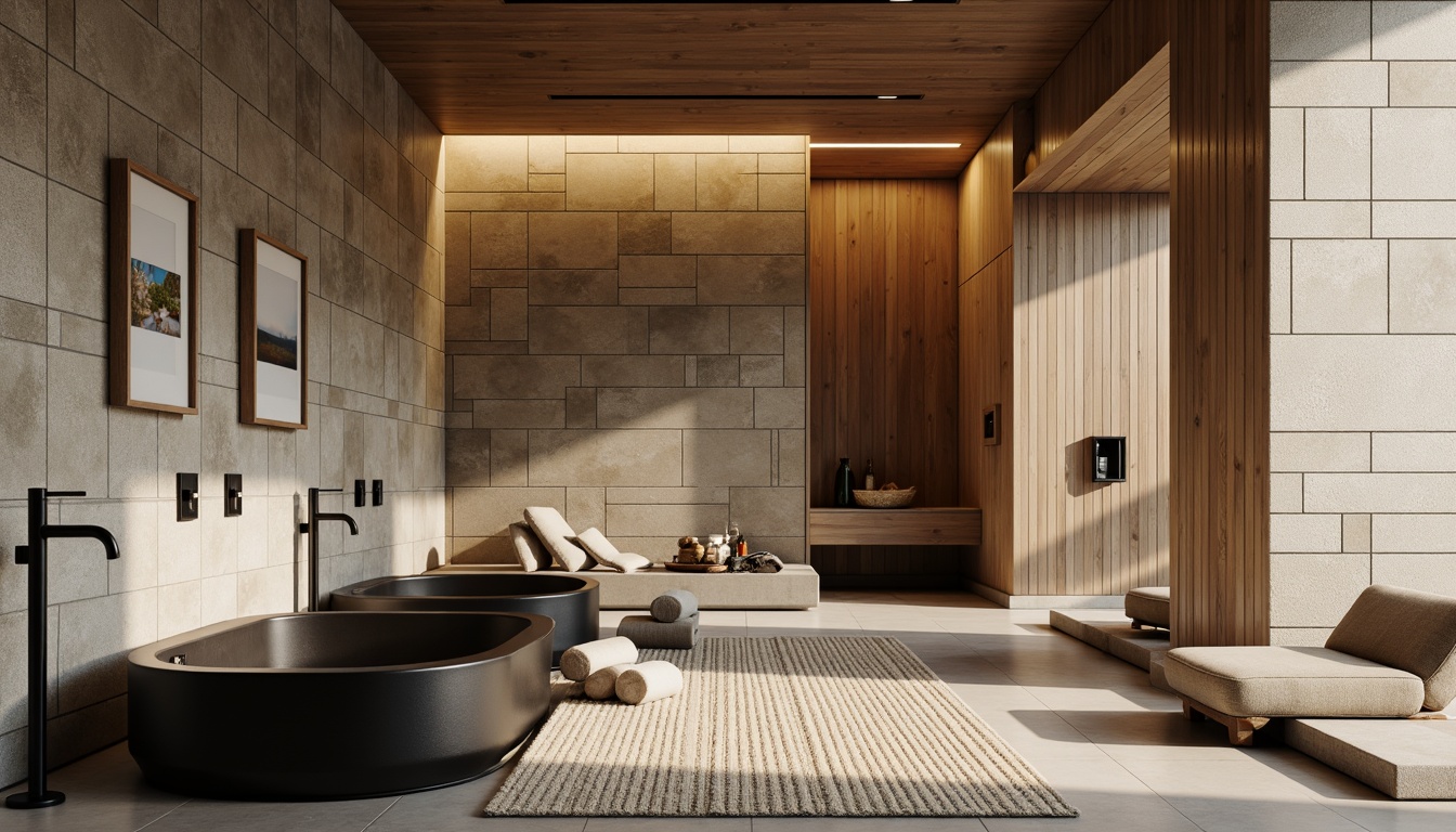 Prompt: Natural stone walls, wooden accents, matte black fixtures, minimalist decor, soft warm lighting, ambient shadows, 3/4 composition, shallow depth of field, realistic textures, Nordic-inspired patterns, calming color palette, spa-like ambiance, freestanding tubs, rainfall showerheads, heated floors, woven textiles, organic forms, earthy tones, cozy atmosphere, serene ambiance.Please let me know if this meets your requirements!