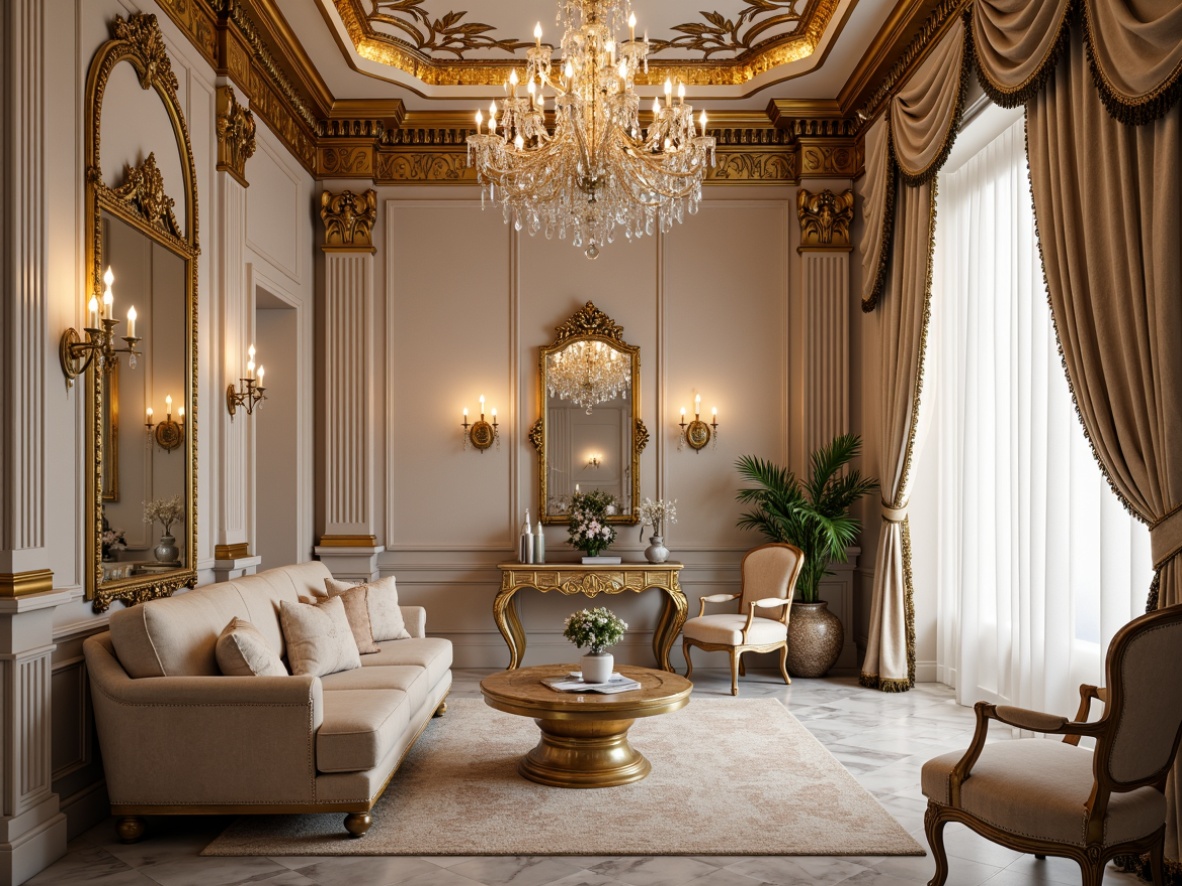 Prompt: Luxurious Rococo-style apartment interior, ornate gold accents, intricately carved wooden paneling, delicate crystal chandeliers, plush velvet furnishings, soft pastel color palette, curved lines, shell-shaped motifs, acanthus leaf patterns, gilded mirrors, marble floors, lavish drapery, tassel-trimmed fabrics, warm candlelight, shallow depth of field, 1/1 composition, realistic textures, ambient occlusion.