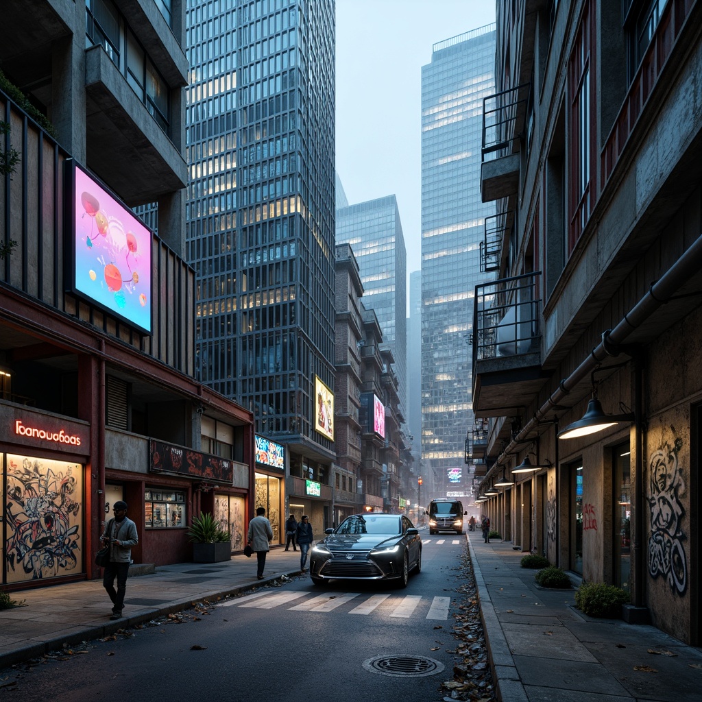 Prompt: Futuristic cityscape, neon-lit skyscrapers, metallic surfaces, reflective glass facades, holographic advertisements, levitating cars, robotic pedestrians, cyberpunk alleys, abandoned factories, rusty pipes, decaying concrete walls, vibrant graffiti, distressed textures, misty atmospheric lighting, 1/1 composition, cinematic camera angles, high-contrast color grading, intricate metallic details, iridescent materials, LED light installations.