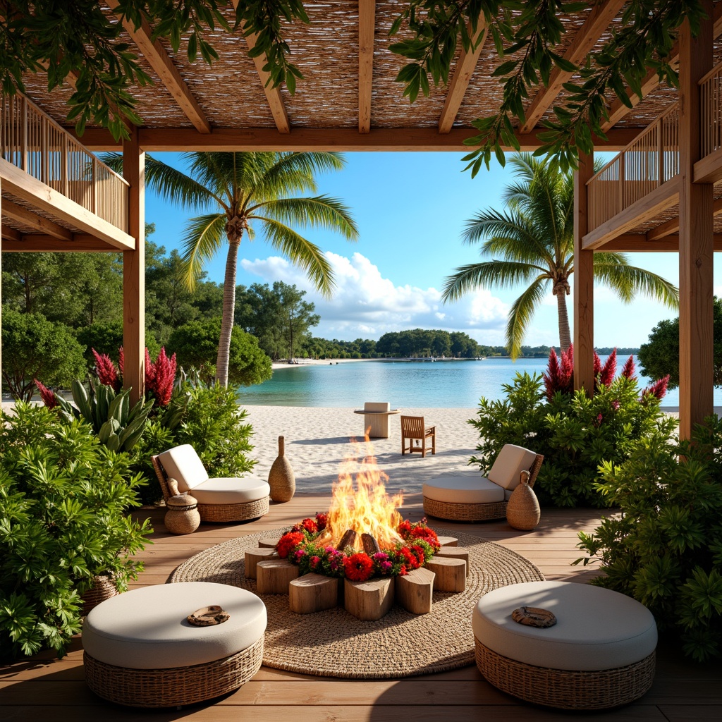 Prompt: Exotic tropical island, lush green foliage, vibrant floral arrangements, colorful tiki torches, woven rattan furniture, natural wicker textures, palm tree silhouettes, sunny blue skies, warm golden lighting, shallow depth of field, 1/1 composition, realistic renderings, ambient occlusion, intricate wood carvings, shell decorations, nautical ropes, driftwood accents, tropical leaf patterns, bright coral colors, ocean-inspired motifs.