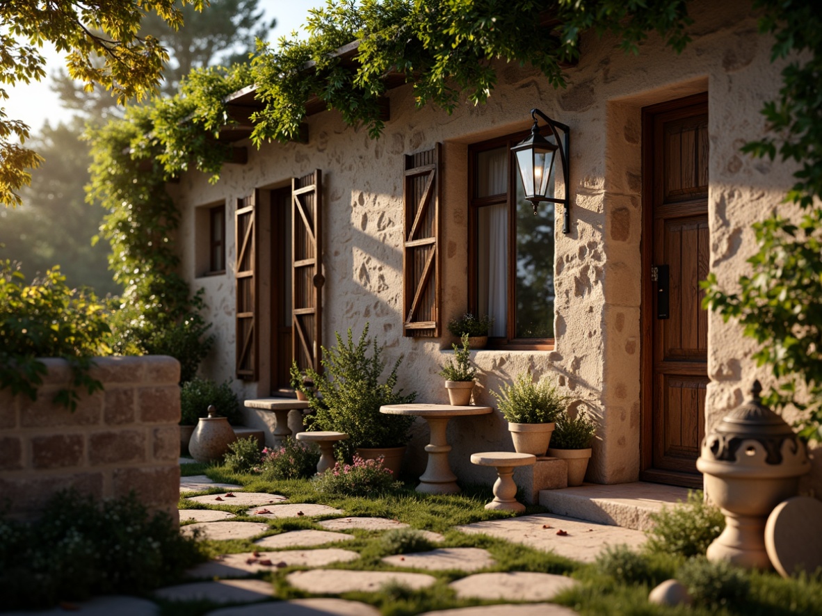 Prompt: Rustic cottage, earthy tones, weathered brick facade, crumbling stone walls, overgrown ivy, wooden shutters, distressed wood doors, rusty metal accents, natural stone pathways, lantern-style lighting, warm golden lighting, shallow depth of field, 1/1 composition, realistic textures, ambient occlusion.