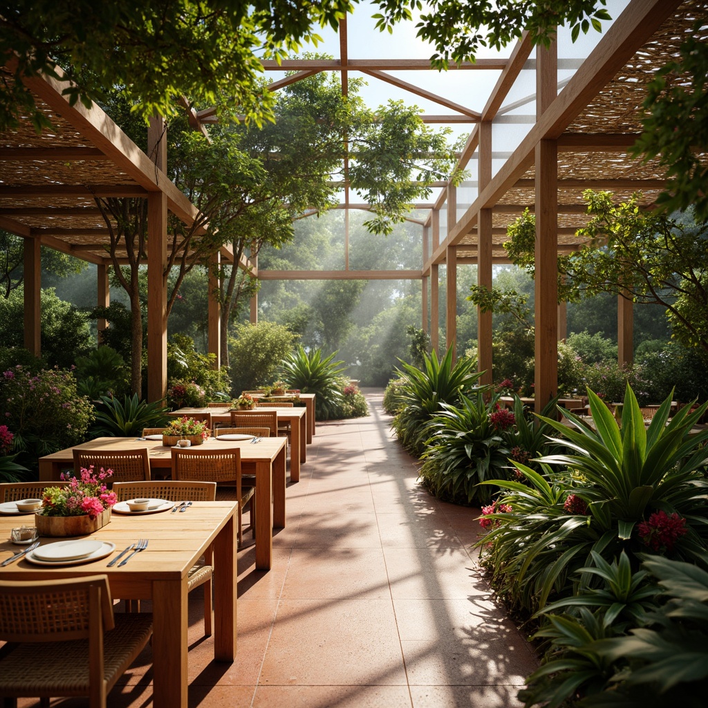 Prompt: Vibrant tropical dining hall, lush greenery, exotic flowers, natural wood accents, rattan furniture, woven textiles, warm golden lighting, earthy terracotta tones, soft pastel hues, ocean-inspired blues, coral pink accents, jungle-like atmosphere, misty morning light, shallow depth of field, 1/2 composition, realistic textures, ambient occlusion.