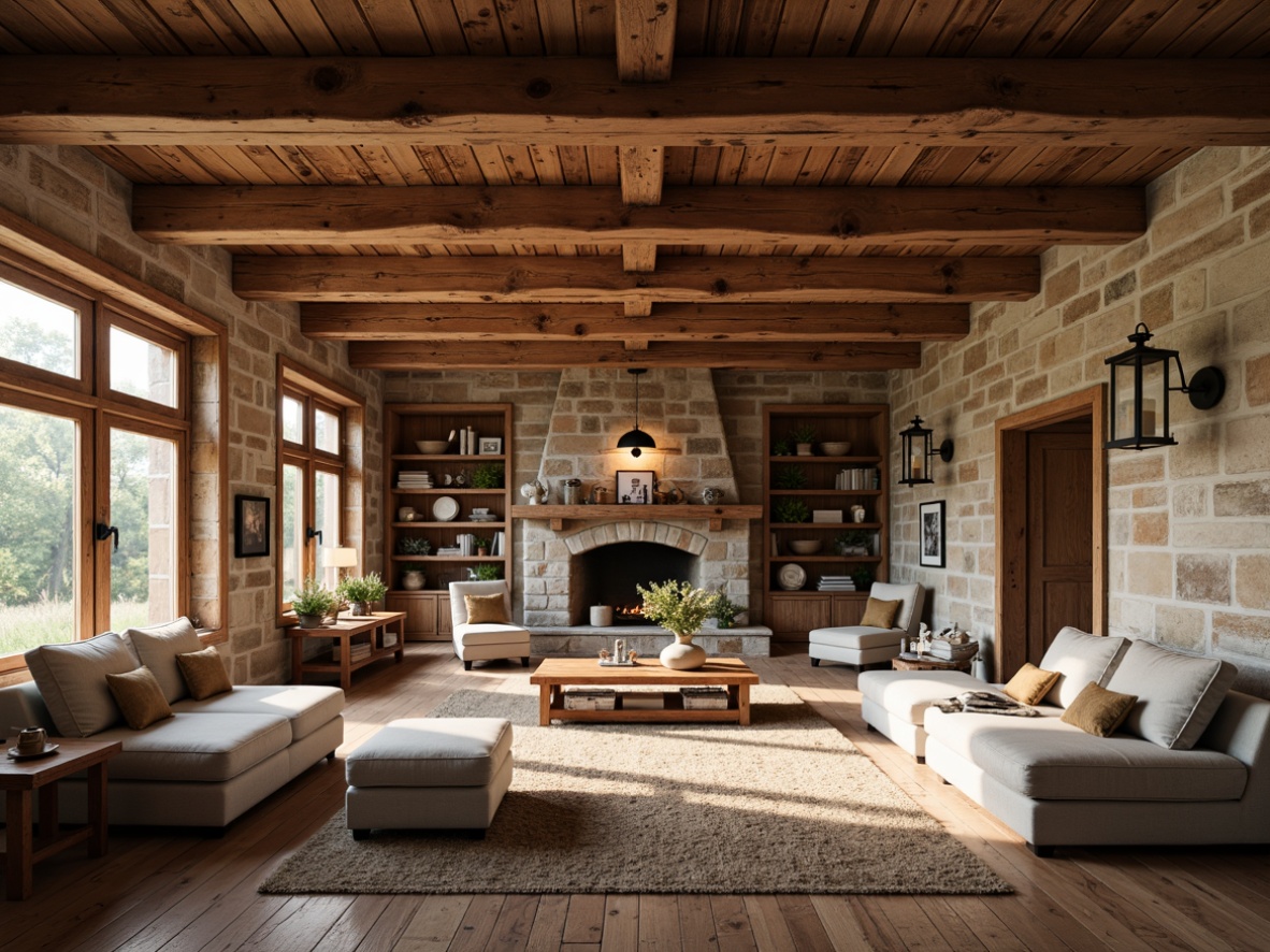 Prompt: Rustic farmhouse, wooden exposed beams, natural stone walls, earthy color palette, vintage metal lanterns, reclaimed wood flooring, plush area rugs, cozy reading nooks, comfortable oversized furniture, soft warm lighting, shallow depth of field, 3/4 composition, panoramic view, realistic textures, ambient occlusion.