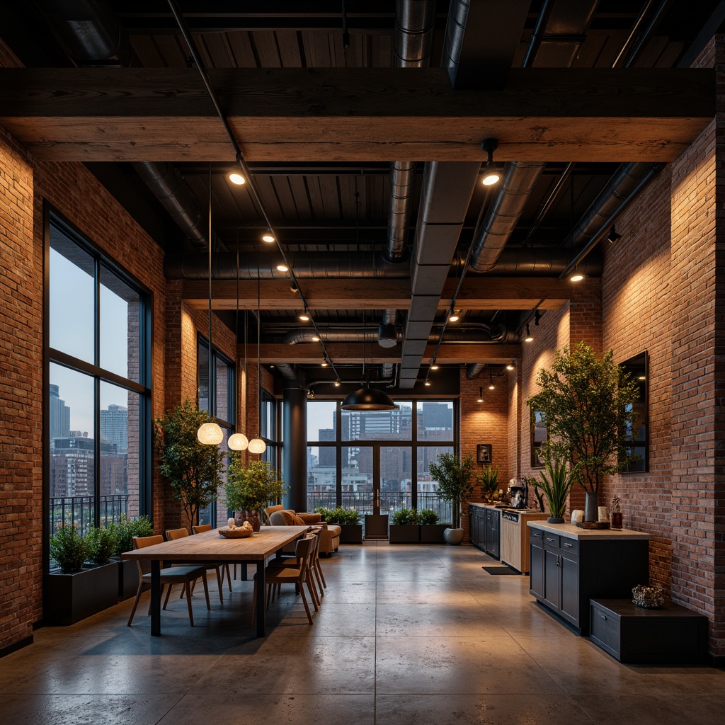 Prompt: Exposed brick walls, metal beams, reclaimed wood accents, industrial-style lighting fixtures, concrete floors, urban loft atmosphere, converted warehouse space, modern minimalist decor, functional pipes and ducts, distressed textures, neutral color palette, Edison bulbs, steel-framed windows, cityscape views, nighttime ambiance, high-contrast lighting, shallow depth of field, 1/1 composition, realistic metallic reflections.