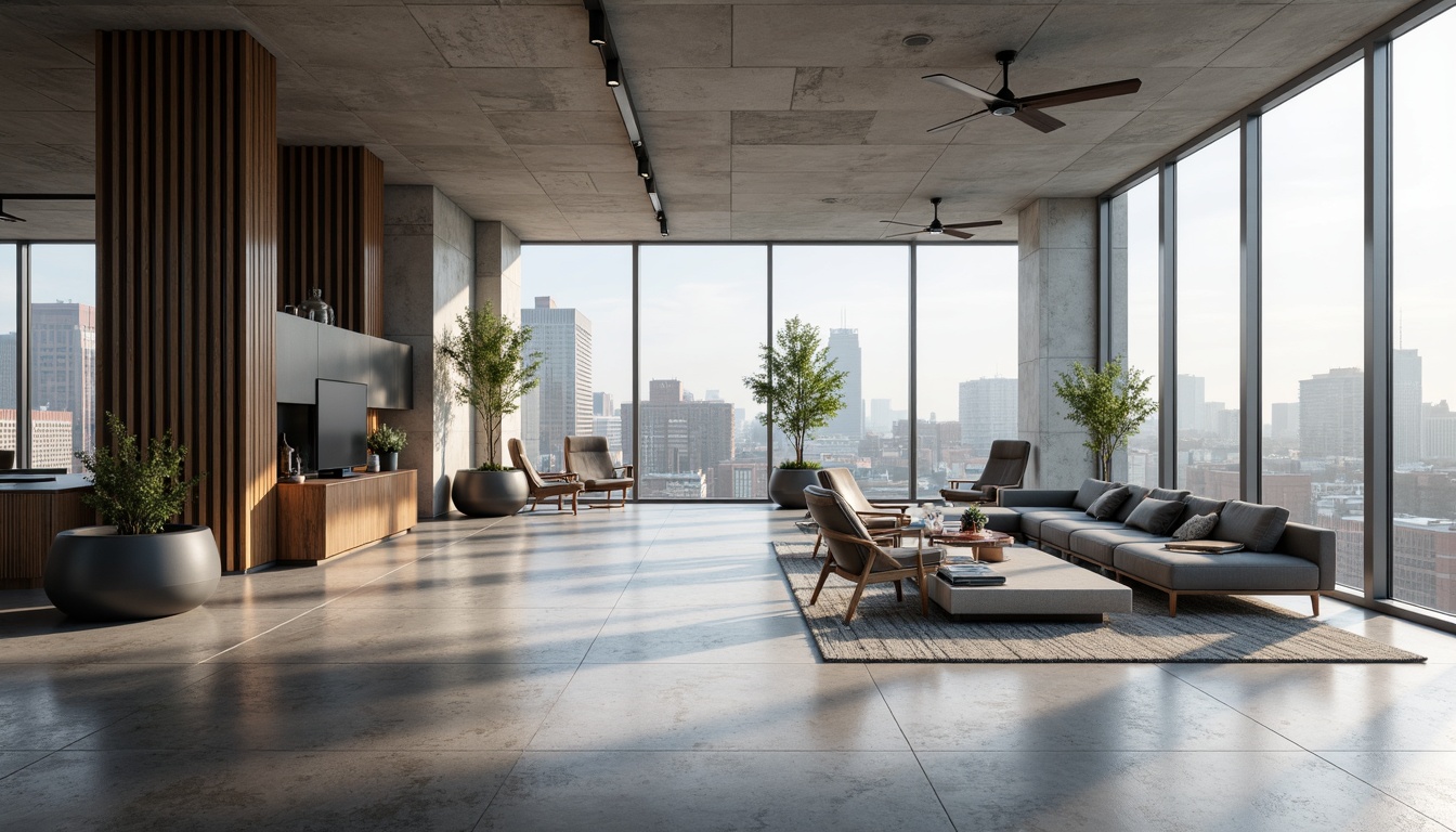 Prompt: Streamlined modern interior, polished concrete floors, industrial chic aesthetic, metallic accents, minimalist decor, sleek low-profile furniture, floor-to-ceiling windows, abundant natural light, urban cityscape views, subtle texture variations, neutral color palette, matte finish, seamless transitions, 1/1 composition, wide-angle lens, high-contrast lighting, atmospheric fog effect.