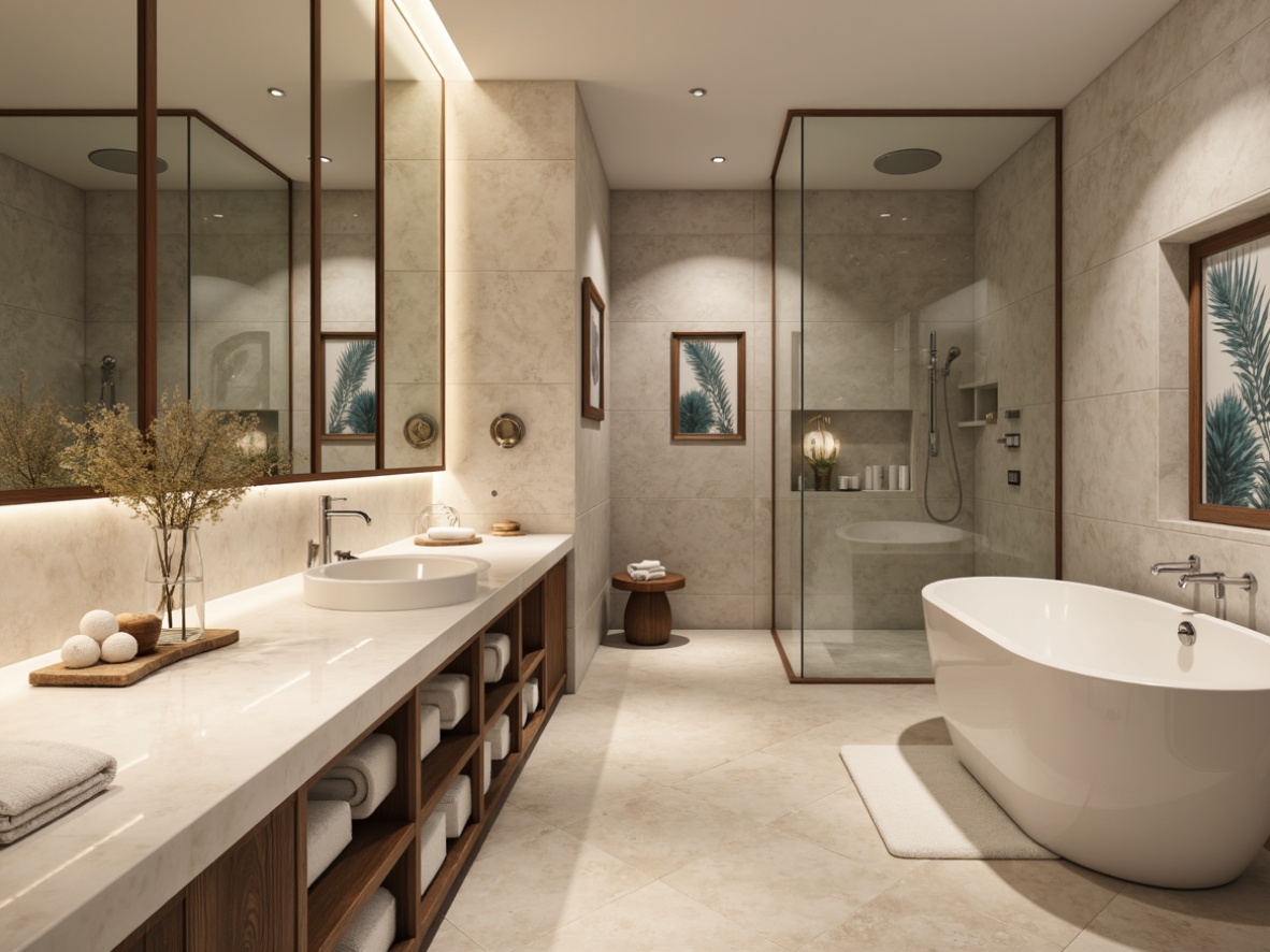 Prompt: Calming bathroom atmosphere, soft warm lighting, creamy white marble countertops, elegant freestanding tubs, rainfall showerheads, polished chrome fixtures, luxurious velvet towels, spa-inspired ambiance, serene natural stone walls, warm beige flooring, rich wood cabinetry, subtle grey-blue color scheme, calming botanical patterns, gentle watercolor textures.