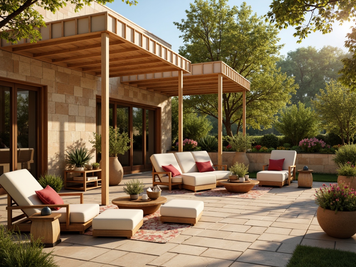 Prompt: Warm beige pavilion, natural stone walls, rustic wooden accents, soft cream canopies, elegant lanterns, lush greenery surroundings, vibrant floral arrangements, comfortable outdoor furniture, plush throw pillows, earthy terracotta pots, warm golden lighting, shallow depth of field, 1/2 composition, realistic textures, ambient occlusion, serene afternoon atmosphere.