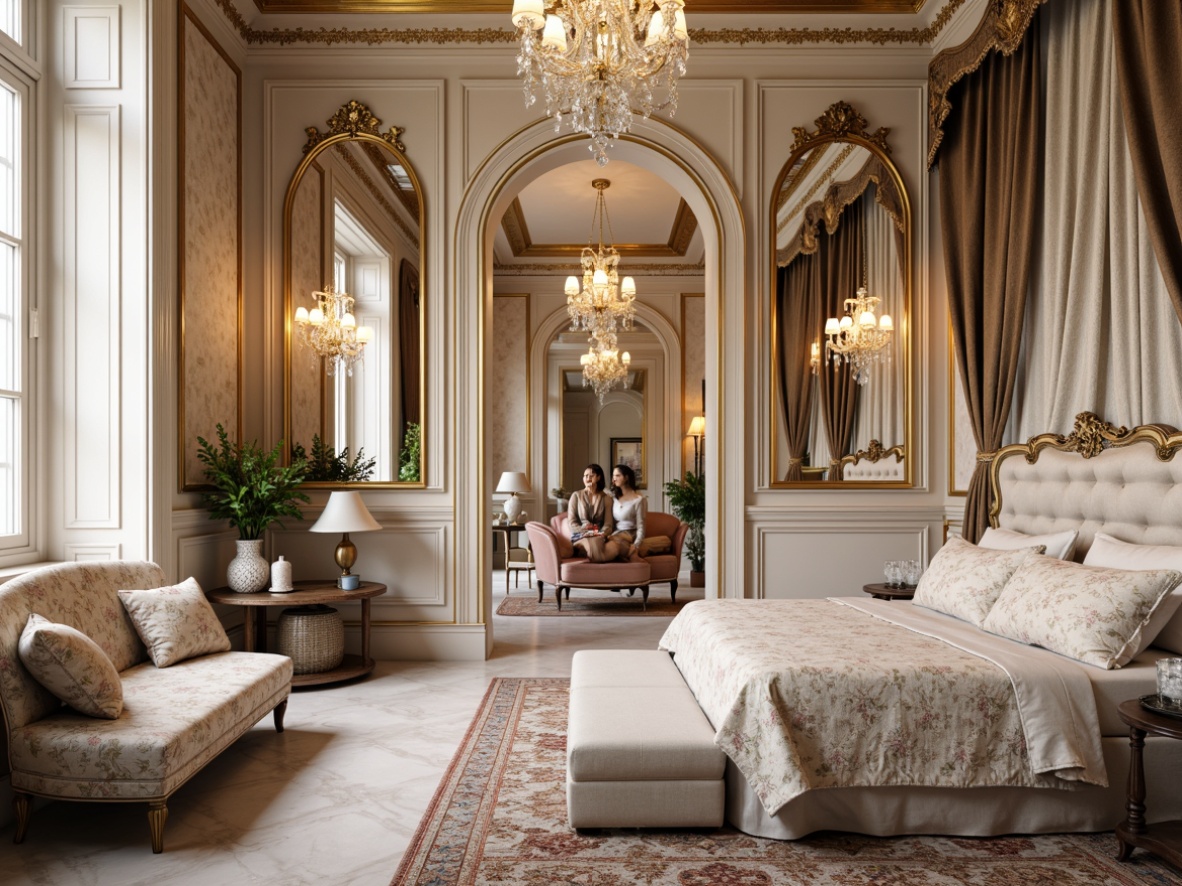 Prompt: Luxurious apartment, ornate Rococo details, soft pastel colors, delicate floral patterns, gilded frames, crystal chandeliers, velvet upholstery, intricately carved furniture, marble floors, lavish textiles, tufted headboards, canopy beds, ornamental mirrors, distressed wood accents, elegant archways, refined moldings, warm golden lighting, shallow depth of field, 1/1 composition, realistic textures, ambient occlusion.