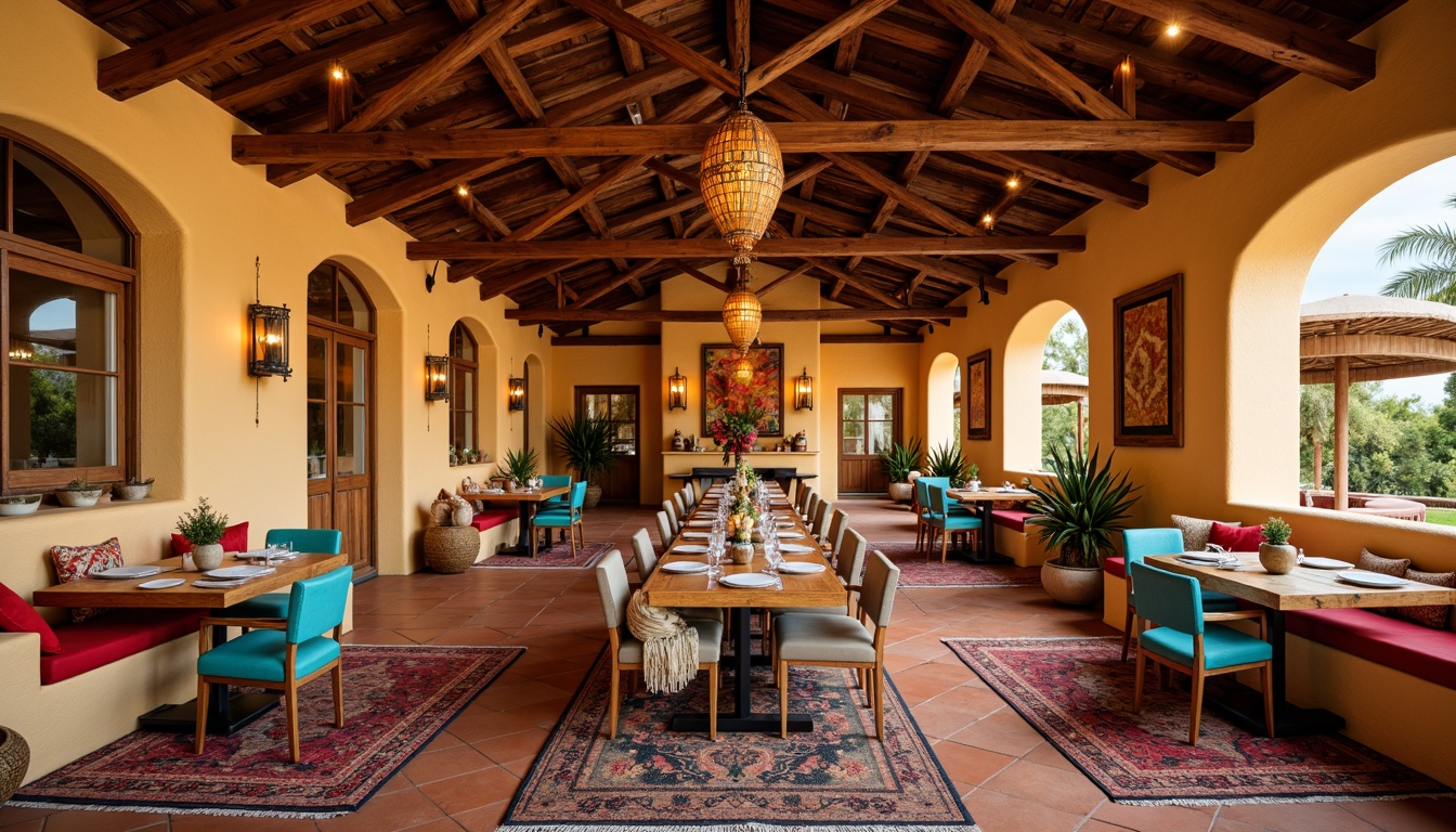 Prompt: Vibrant southwestern dining room, warm terracotta floors, rustic wooden furniture, earthy color palette, natural textiles, woven baskets, vintage pottery, turquoise accents, geometric patterns, bold colorful rugs, statement lighting fixtures, pendant lanterns, candle chandeliers, dimmable LED lights, cozy ambiance, intimate seating areas, dramatic ceiling beams, stucco walls, arched windows, warm golden hour lighting, 1/1 composition, shallow depth of field, realistic textures.