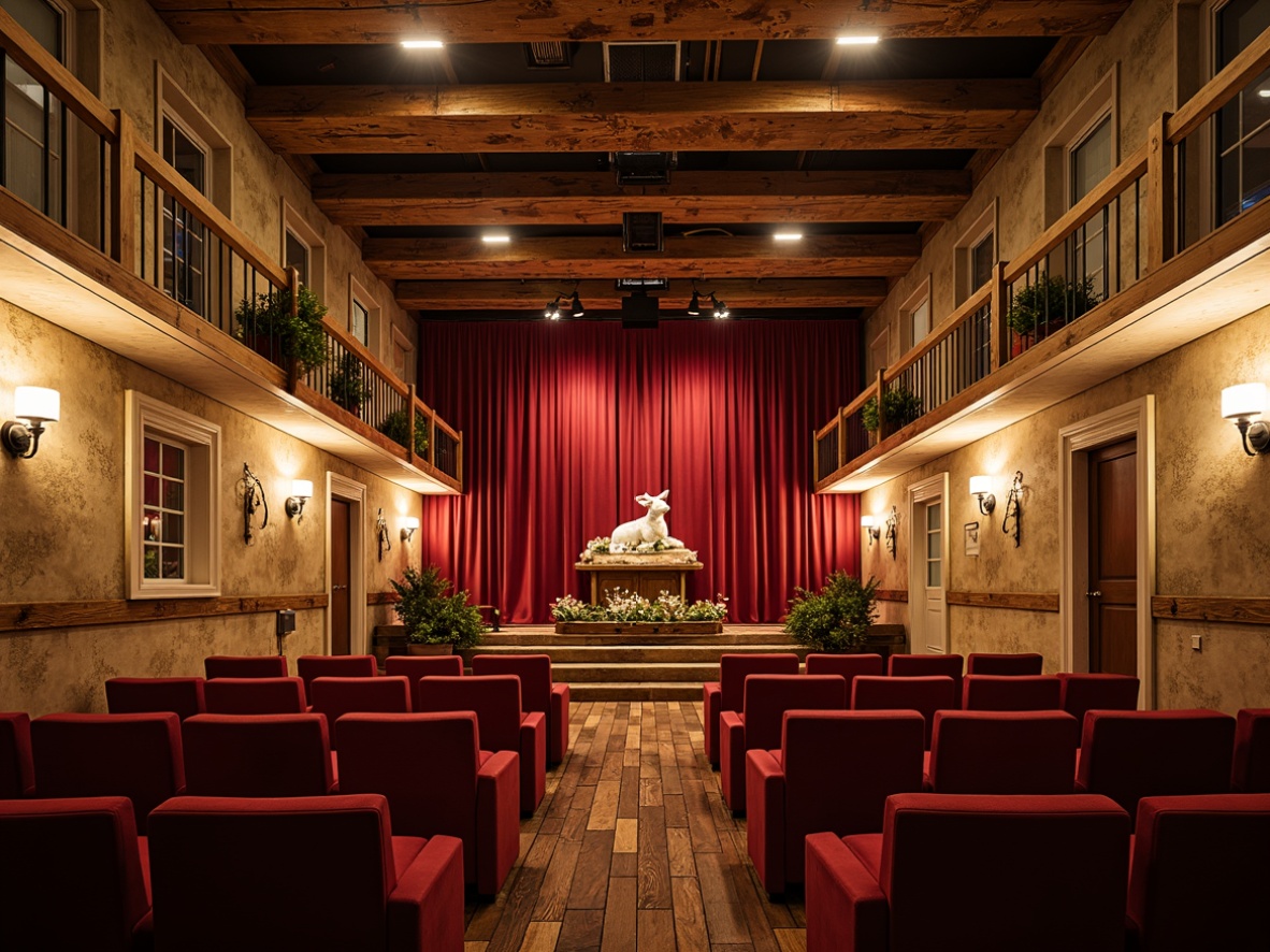 Prompt: Rustic farmhouse, vintage theater elements, distressed wood accents, warm earthy tones, rich red curtains, soft golden lighting, natural stone walls, reclaimed wooden beams, industrial metal fixtures, plush velvet seats, ornate chandeliers, subtle patina textures, whimsical farm animal decor, lush greenery, warm beige walls, creamy white trim, dramatic stage lighting, 3/4 composition, cinematic color grading, realistic reflections.