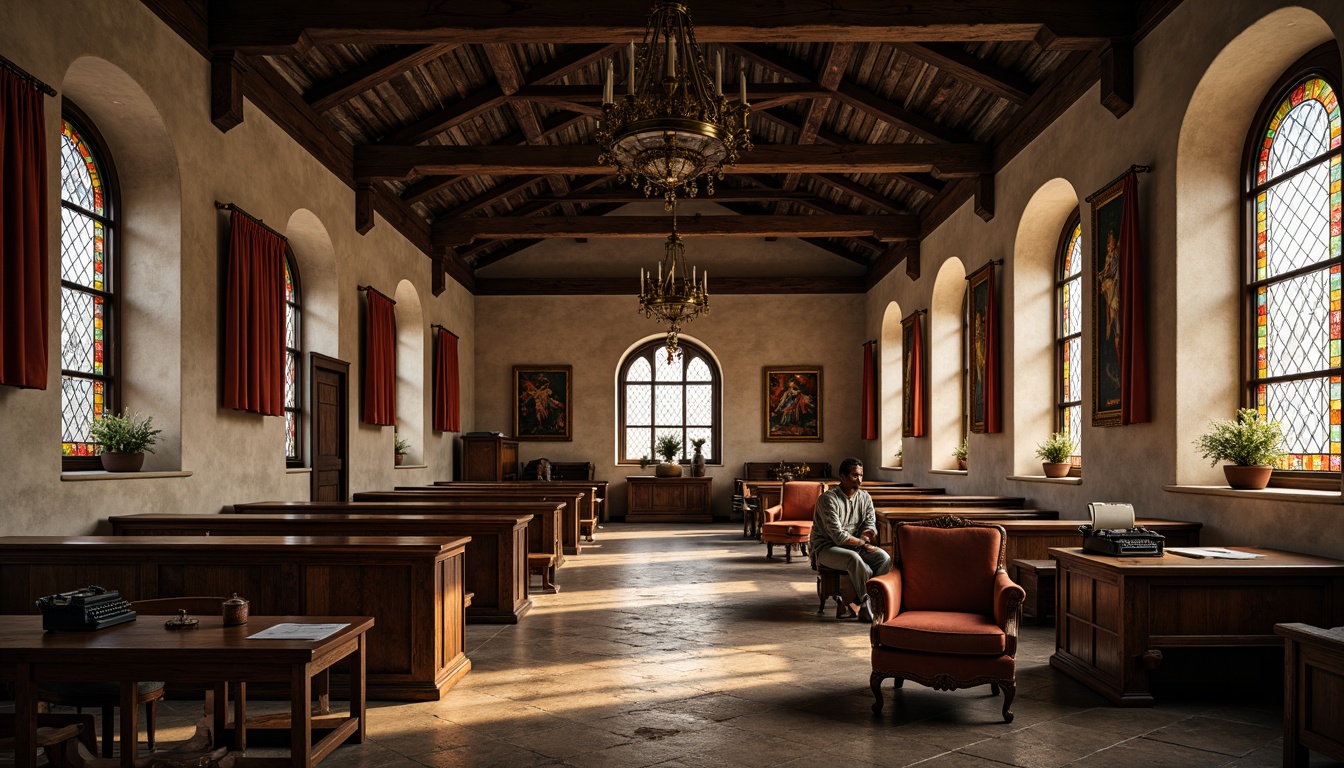 Prompt: Rustic monastery interior, wooden benches, stone floors, vaulted ceilings, stained glass windows, ornate chandeliers, wooden pews, velvet drapes, intricate carvings, worn leather armchairs, wooden desks, vintage typewriters, faded tapestries, mysterious alcoves, soft warm lighting, atmospheric shadows, 1/1 composition, symmetrical framing, realistic textures, ambient occlusion.