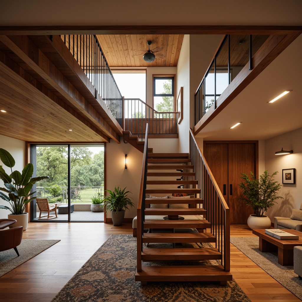 Prompt: Warm ambient lighting, mid-century modern staircase, sleek wooden handrails, minimalist metal balusters, open risers, suspended lights, pendant lamps, natural light pouring in, large windows, sliding glass doors, polished wood flooring, geometric patterned rugs, earthy tone color palette, soft warm glow, high ceiling, spacious openness, 1/1 composition, realistic textures, subtle shading.