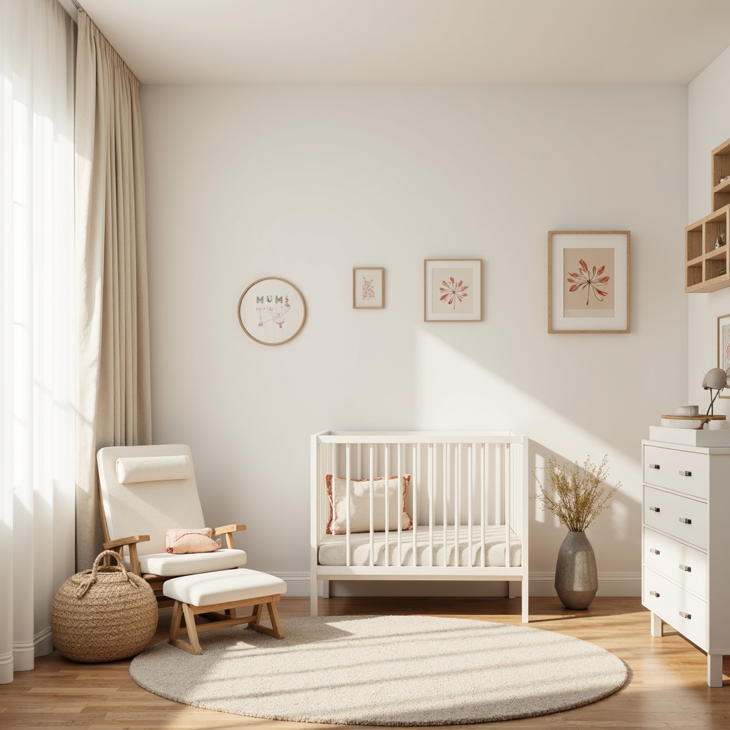 Prompt: Creamy white walls, soft wooden flooring, minimalist crib, gentle curves, smooth rounded edges, pastel color palette, calming atmosphere, natural light pouring in, sheer curtains, comfortable glider, plush area rug, modern nursery furniture, sleek changing table, storage ottoman, circular mobiles, gentle music, warm beige tones, creamy whites, soft peach hues, delicate flower patterns, elegant typography, 1/2 composition, shallow depth of field, realistic textures.