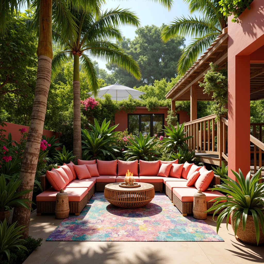 Prompt: Vibrant tropical flowers, lush green palm trees, woven rattan furniture, colorful tiki torches, natural woven fibers, distressed wood accents, shell wind chimes, exotic patterned textiles, bright coral hues, sunny day, soft warm lighting, shallow depth of field, 3/4 composition, panoramic view, realistic textures, ambient occlusion.