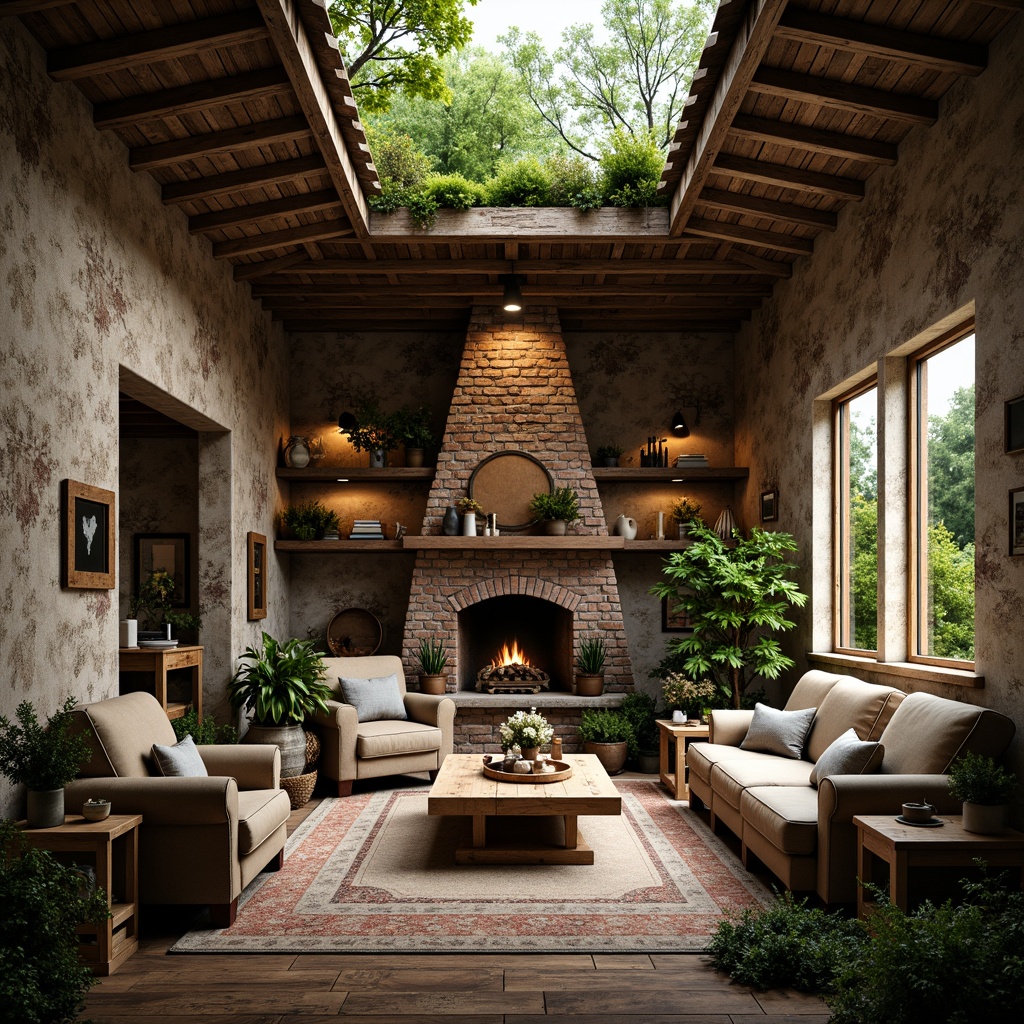 Prompt: Rustic cottage, exposed brick walls, earthy tones, weathered wooden beams, natural stone foundations, lush greenery, overgrown vines, moss-covered roofs, distressed textures, warm ambient lighting, soft focus, 3/4 composition, rustic furniture, vintage decorative items, cozy fireplaces, plush fabrics, nature-inspired color palette.